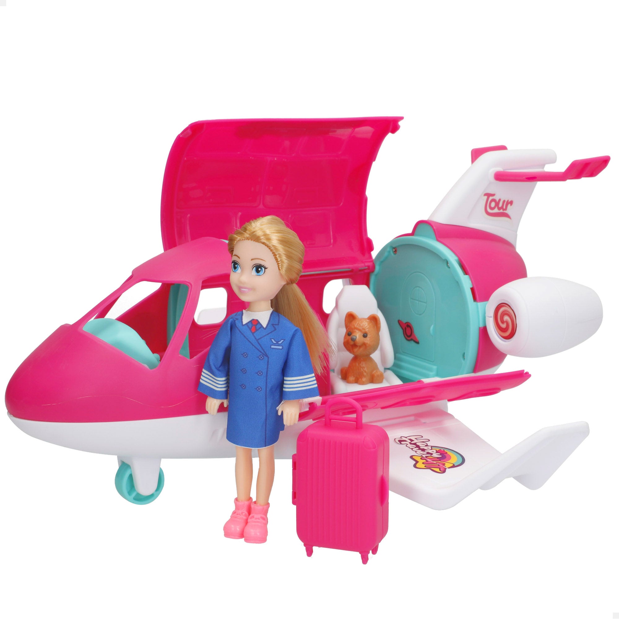 Muñeca azafata con avión, perro y maleta Bella