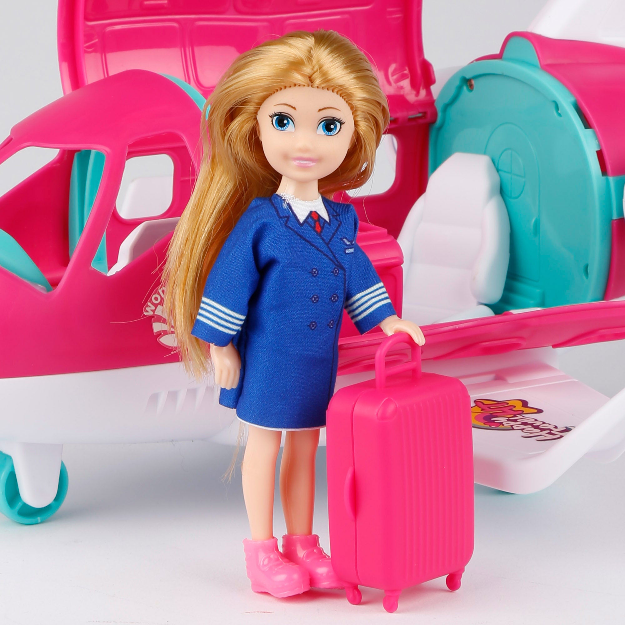 Muñeca azafata con avión, perro y maleta Bella