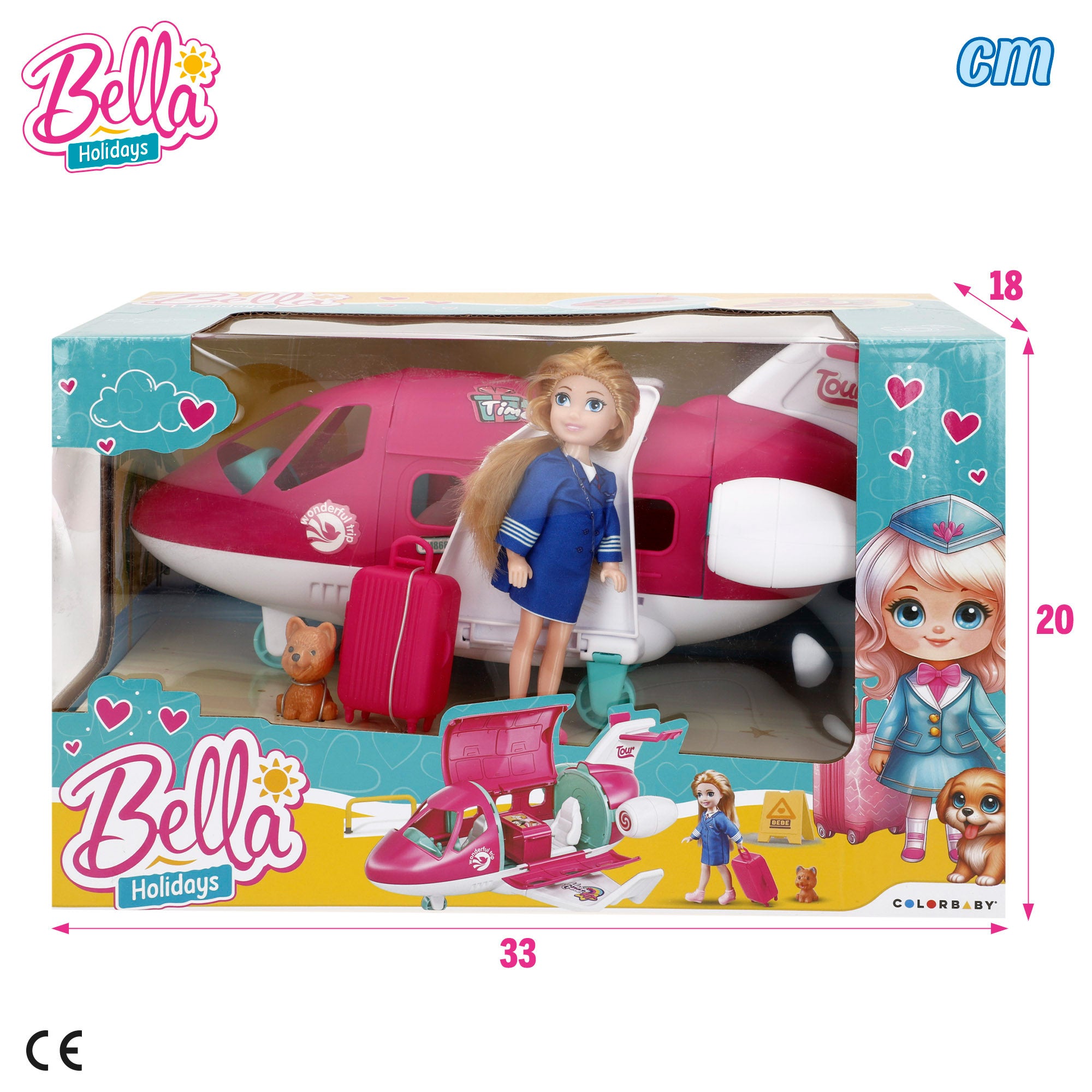 Muñeca azafata con avión, perro y maleta Bella