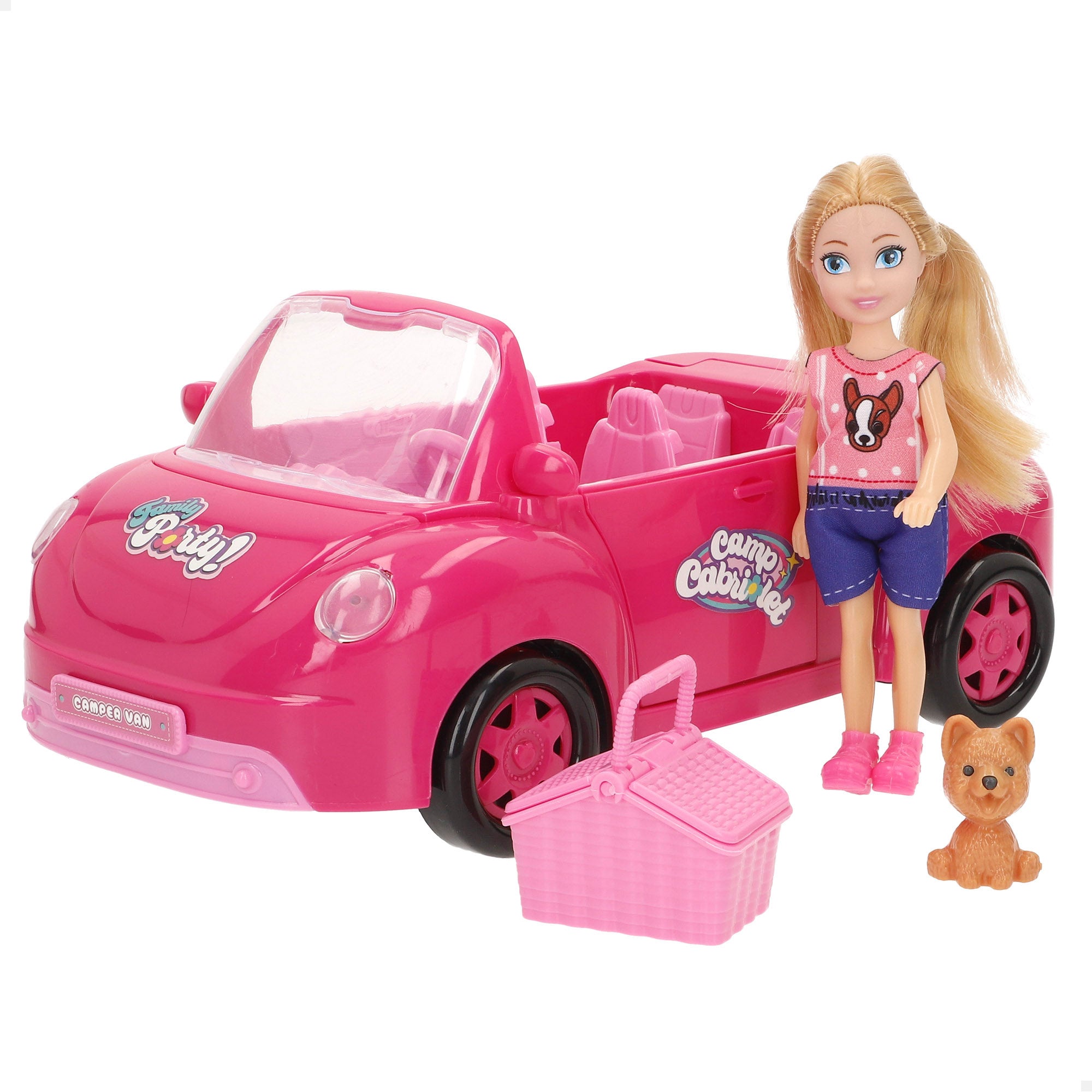 Muñeca con coche descapotable, perro y accesorios Bella