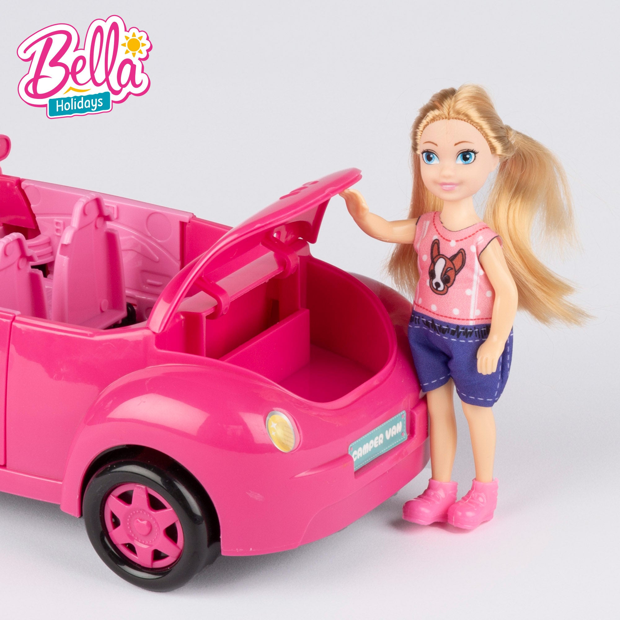 Muñeca con coche descapotable, perro y accesorios Bella