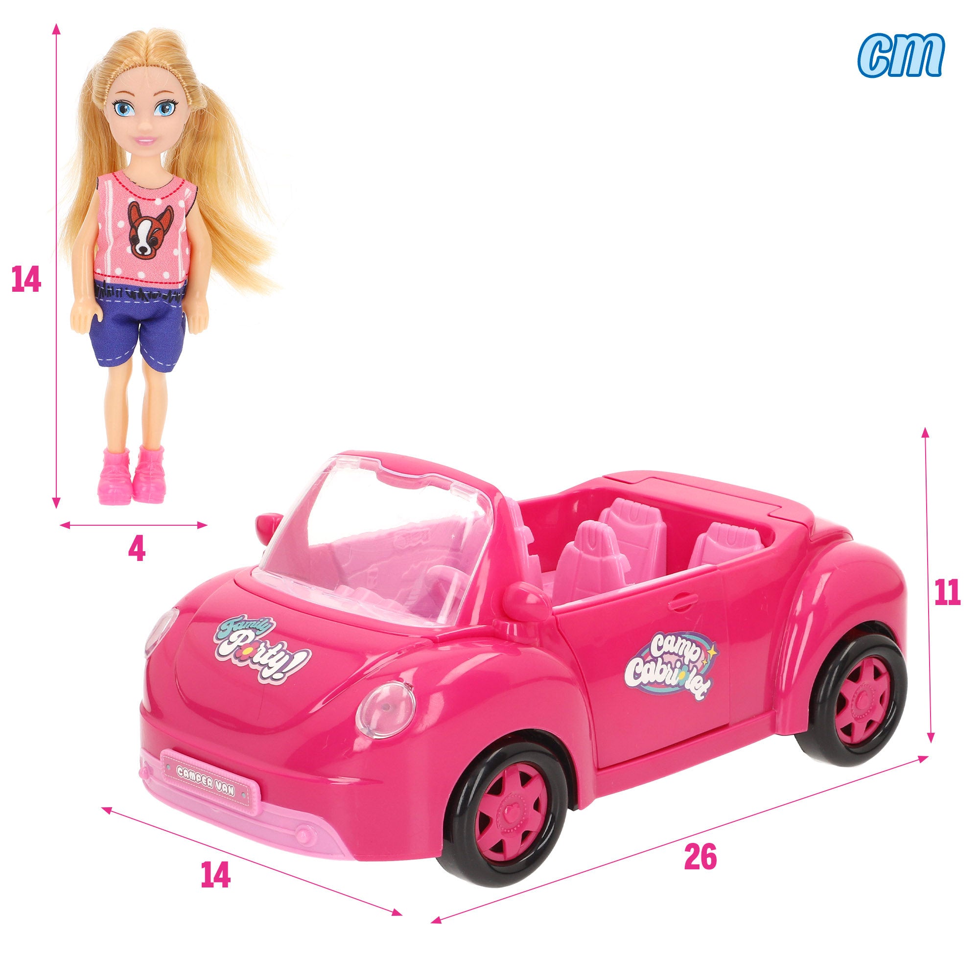 Muñeca con coche descapotable, perro y accesorios Bella