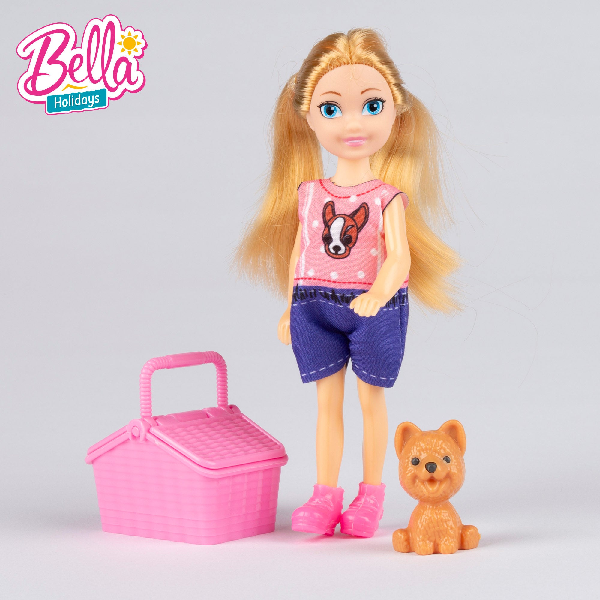 Muñeca con coche descapotable, perro y accesorios Bella
