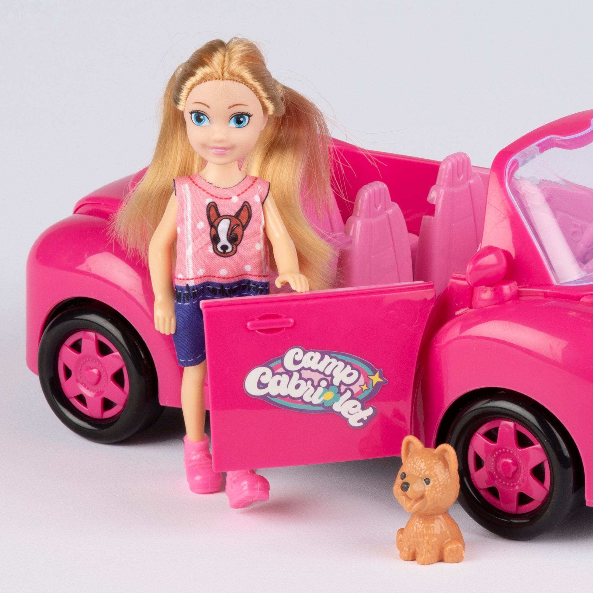 Muñeca con coche descapotable, perro y accesorios Bella