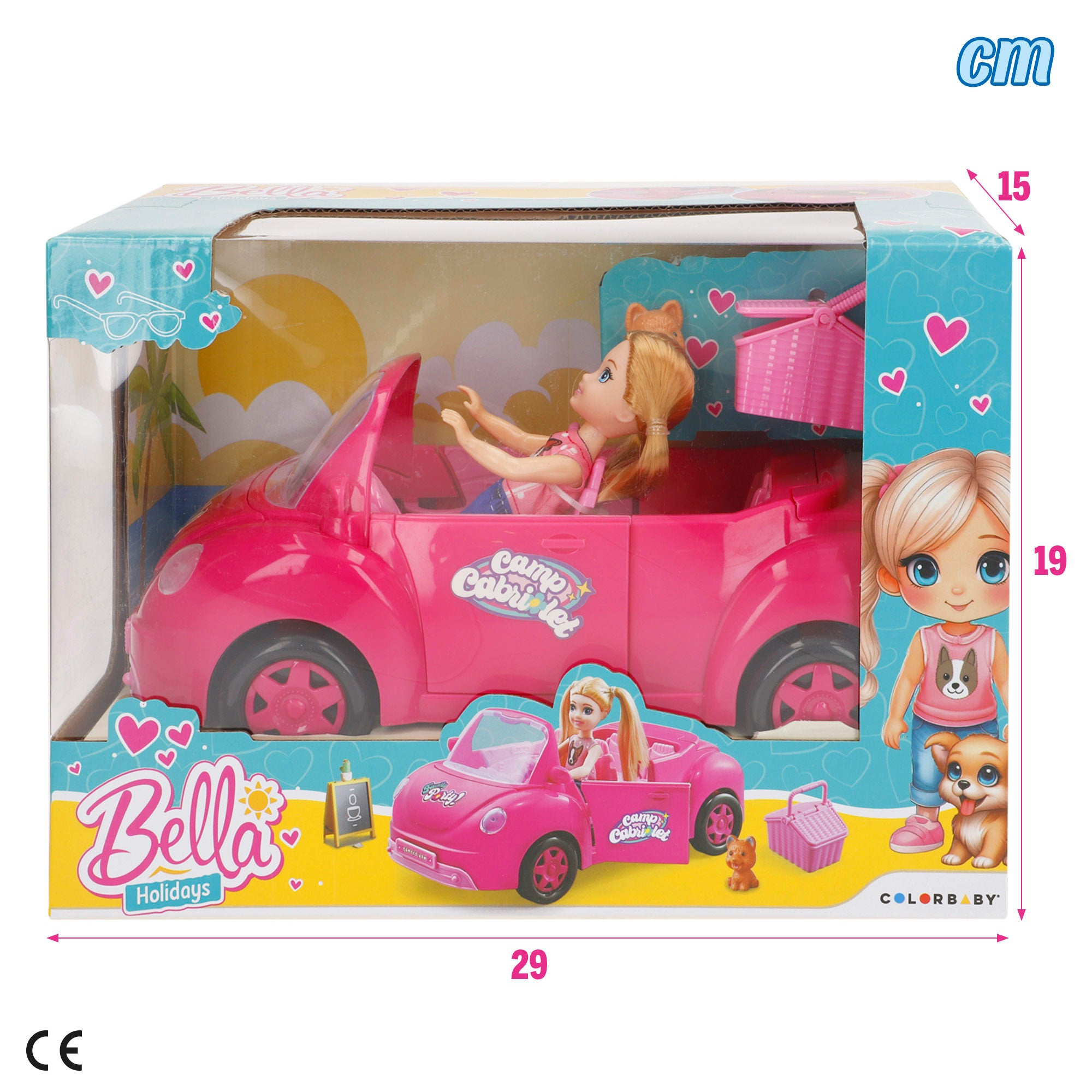 Muñeca con coche descapotable, perro y accesorios Bella