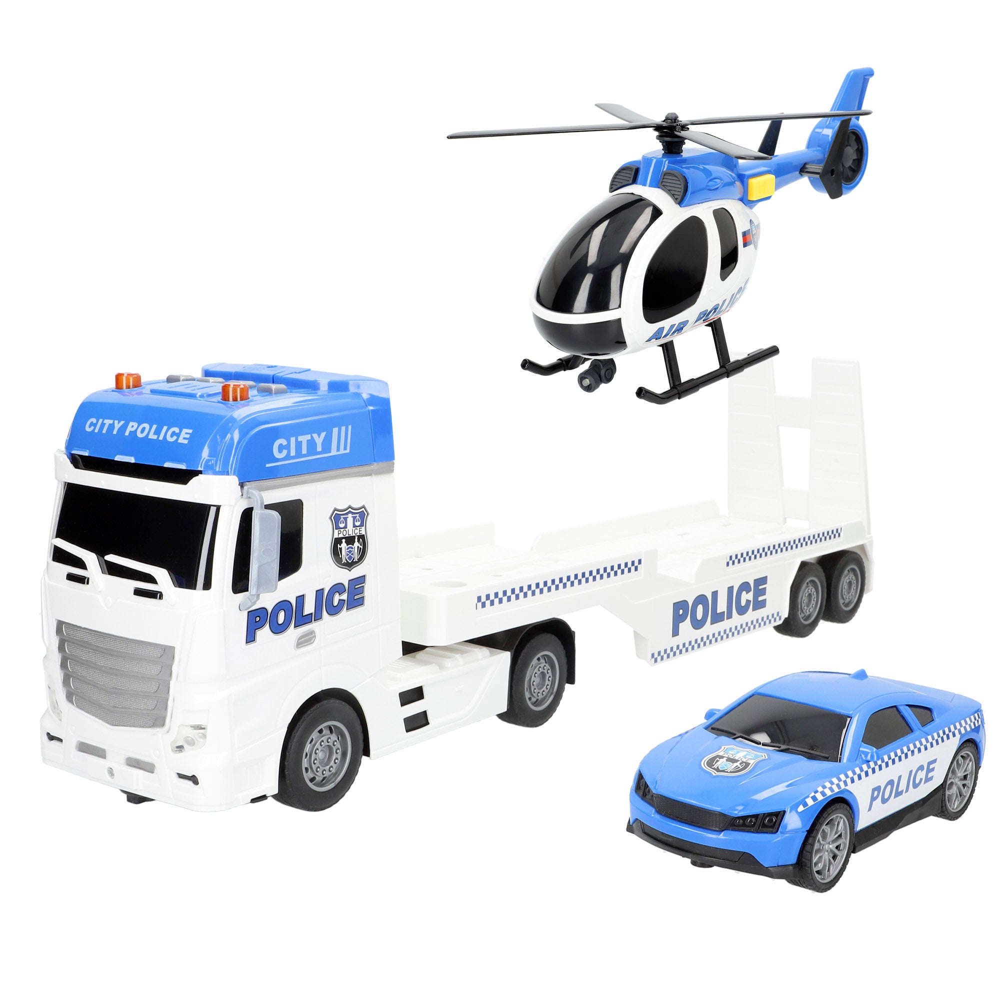 Camión portavehículos policía fricción con luz y sonido 1:12 Speed & Go