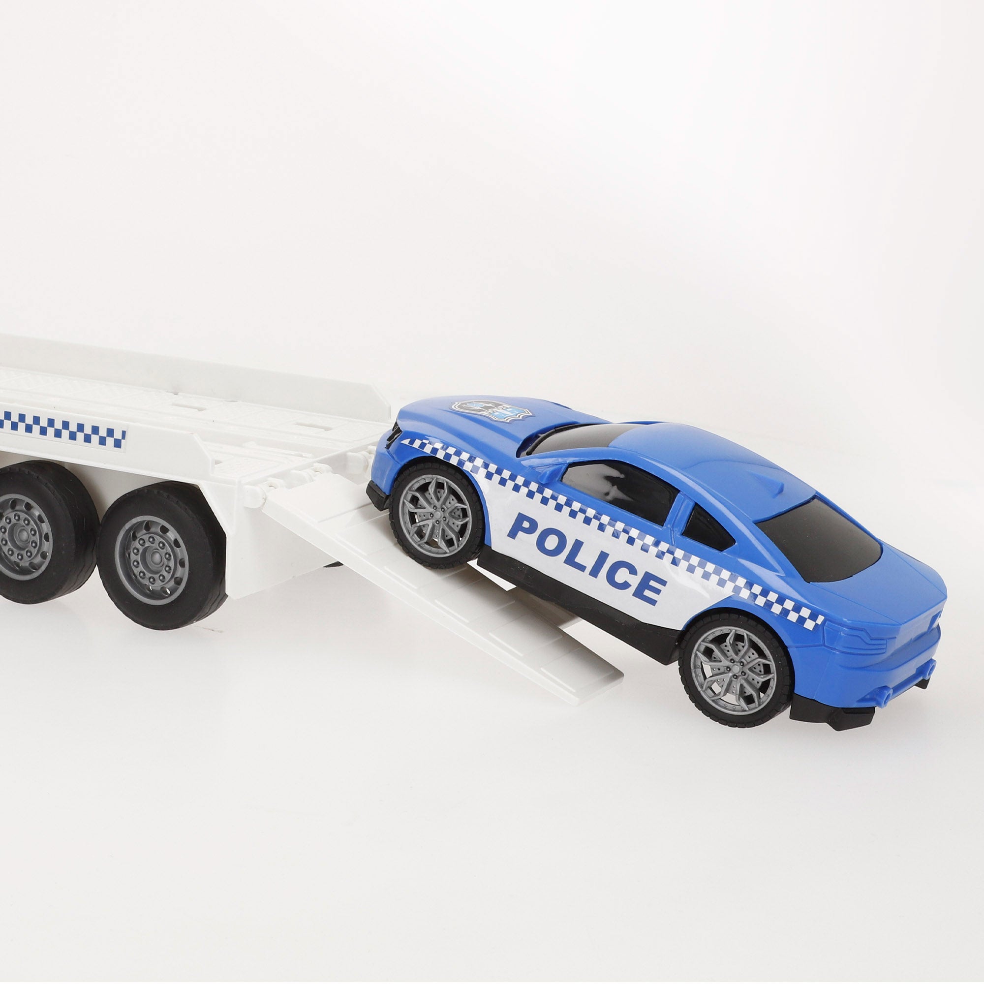 Camión portavehículos policía fricción con luz y sonido 1:12 Speed & Go