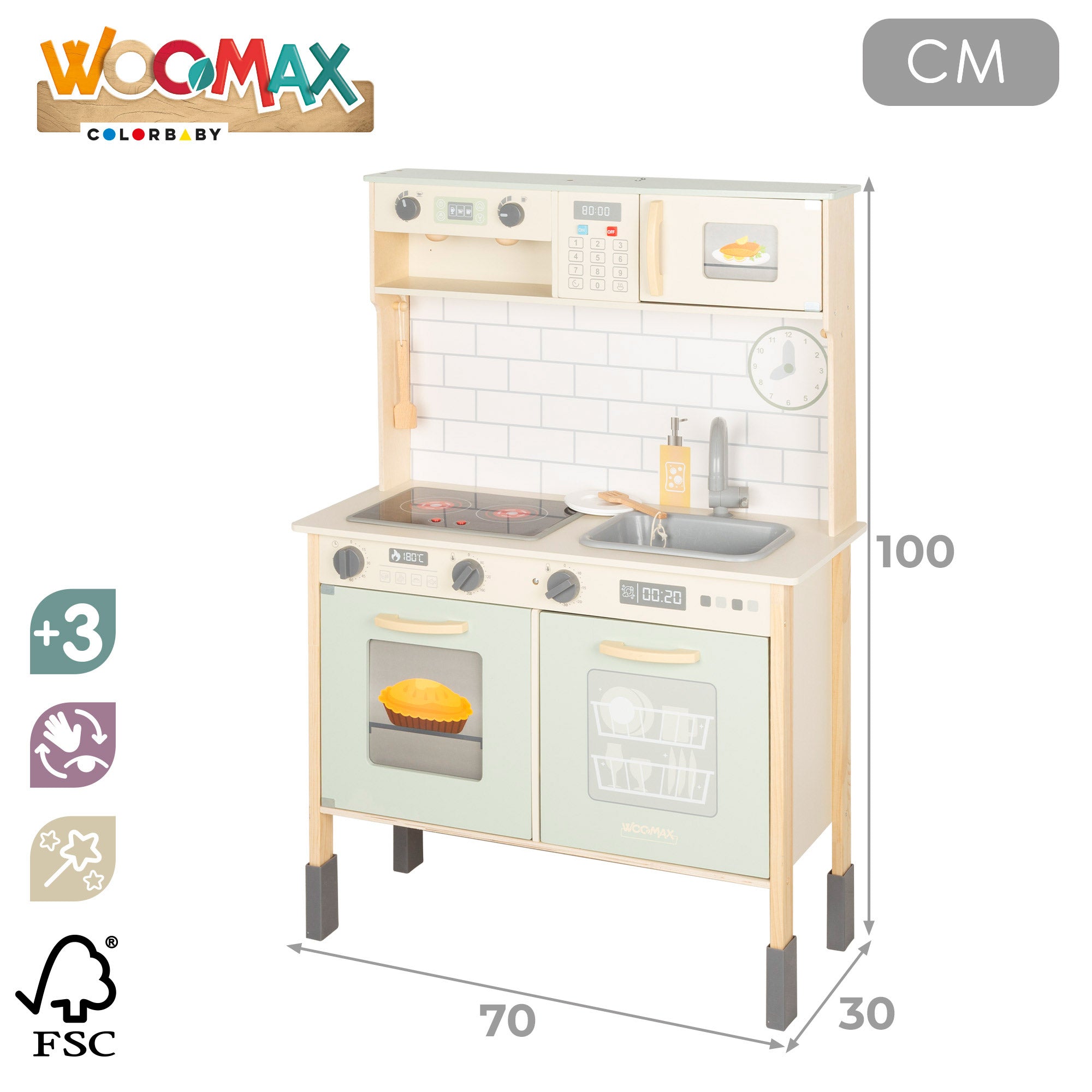 WOOMAX Cocina de madera eléctrica con luz, sonido y accesorios 30x68x102 cm