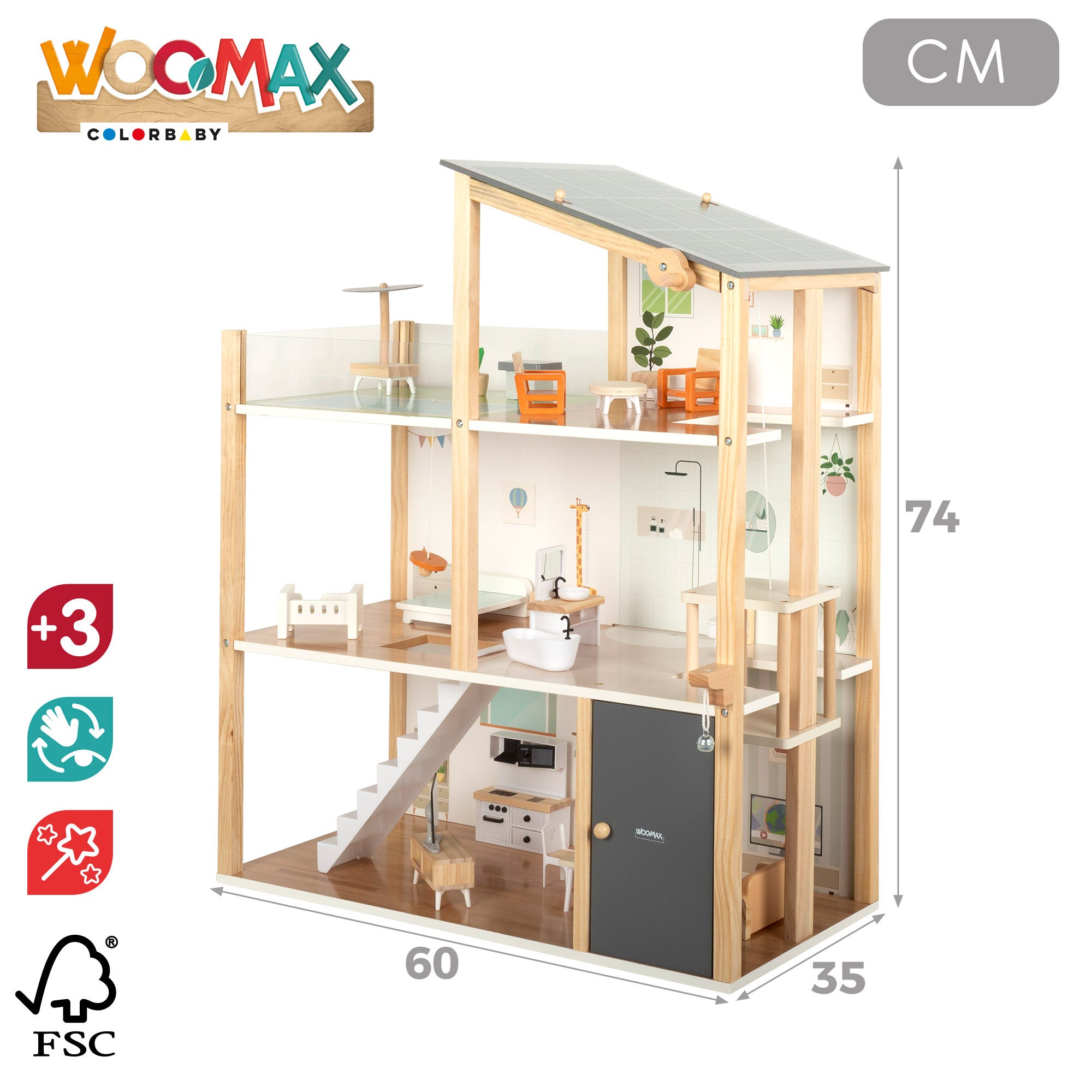 WOOMAX Casa de muñecas de madera 3 plantas con accesorios