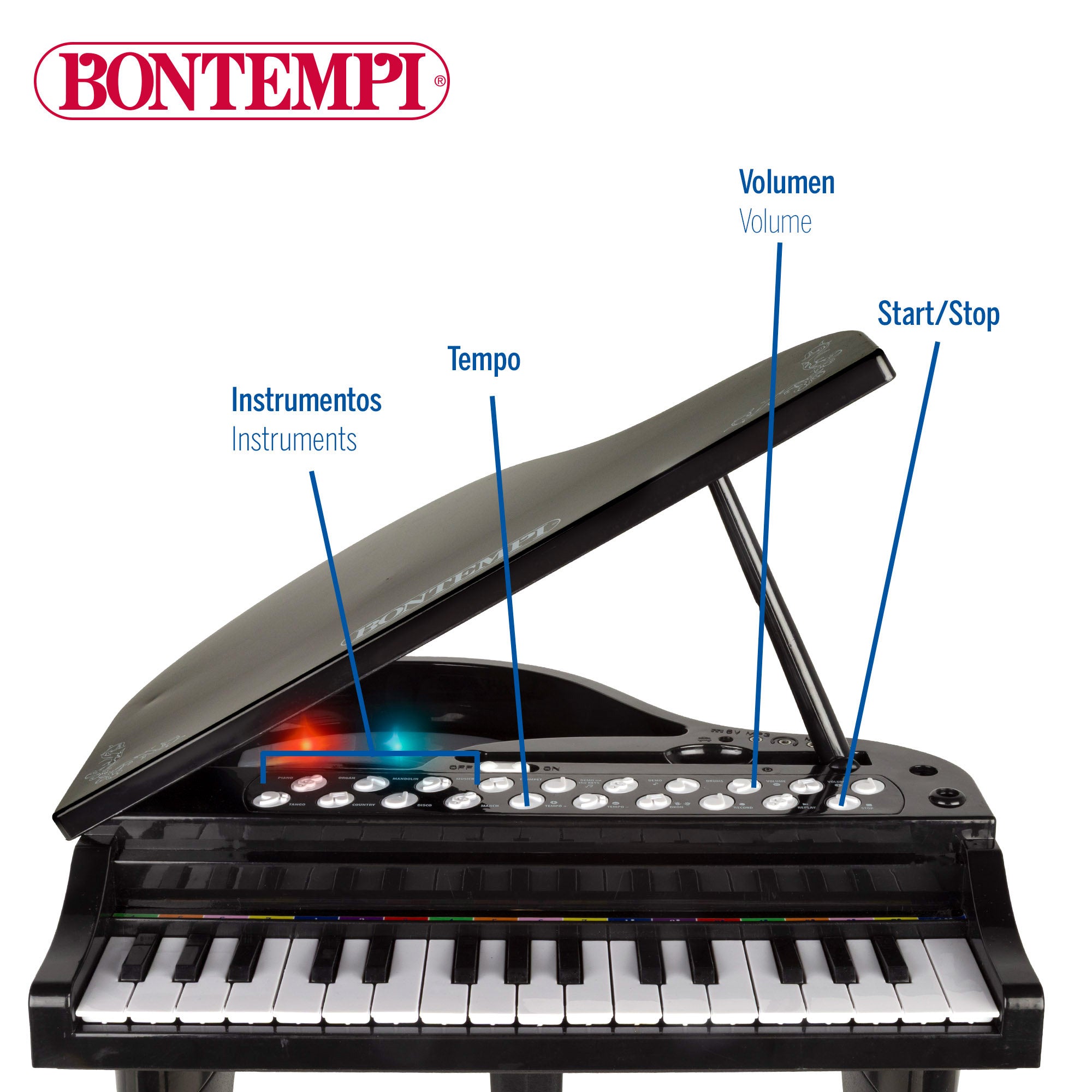 Piano cola infantil de juguete con micrófono y taburete 32 teclas Bontempi