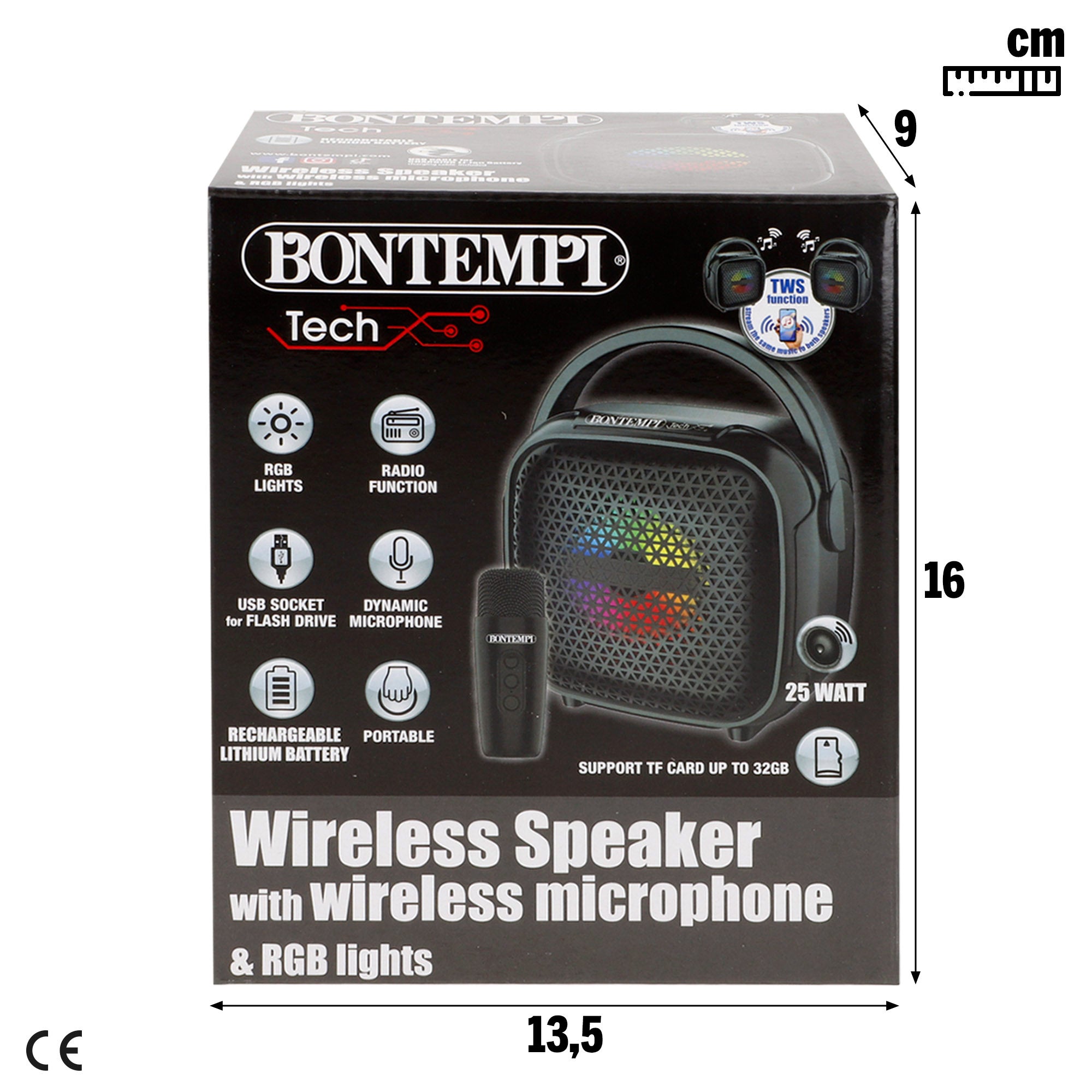 Mini coluna sem fios Bontempi com microfone e luzes RGB