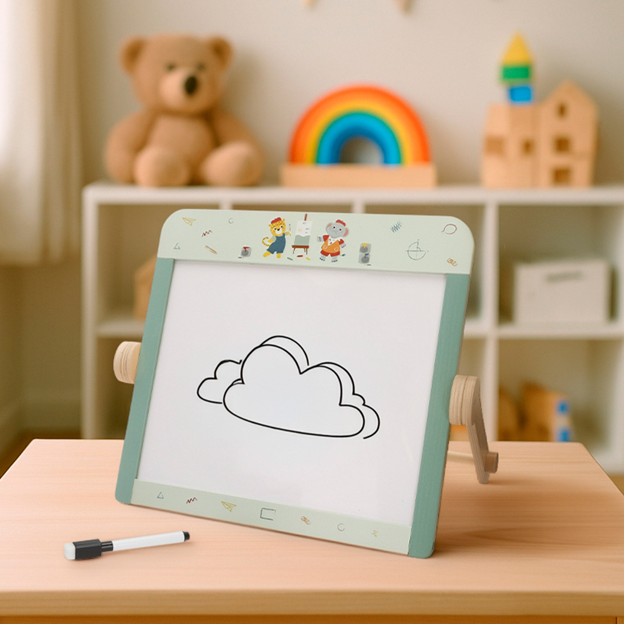 WOOMAX Pizarra doble cara infantil de madera con accesorios