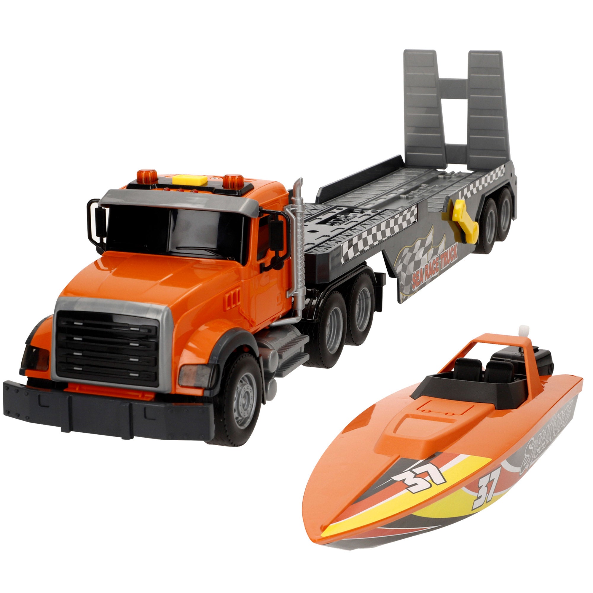 Camión transporte con luz y sonido 1:14 + lancha de juguete Speed & Go