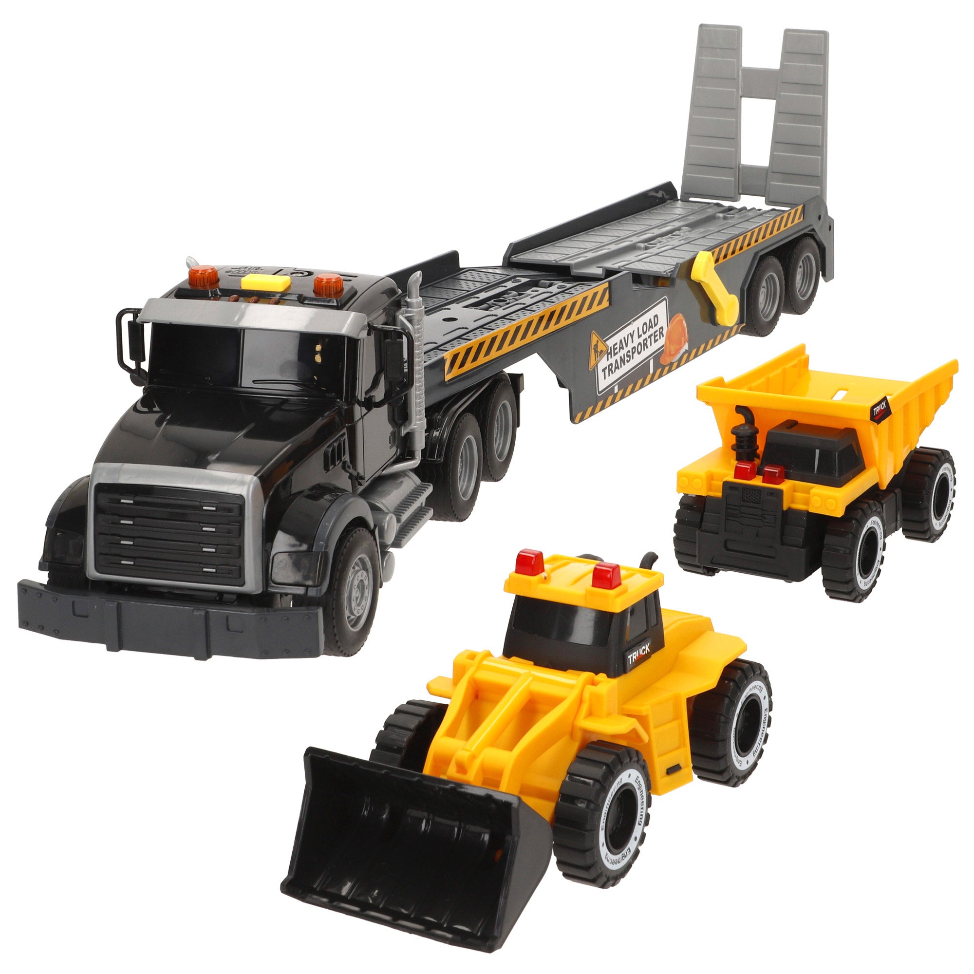 Camión transporte con luz y sonido 1:14 + 2 vehículos de construcción Speed & Go