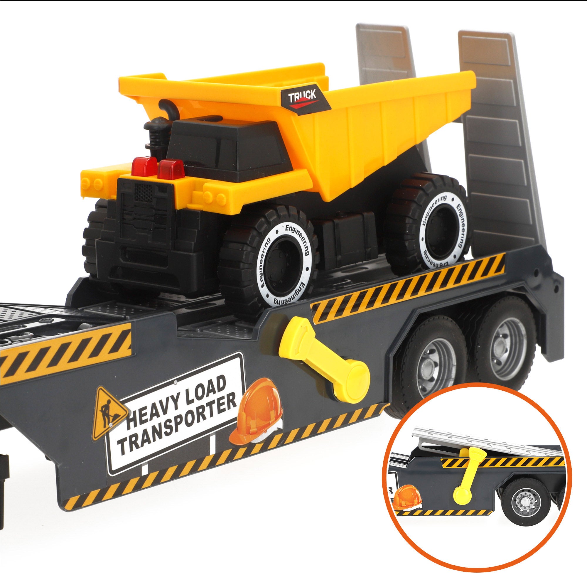 Camión transporte con luz y sonido 1:14 + 2 vehículos de construcción Speed & Go