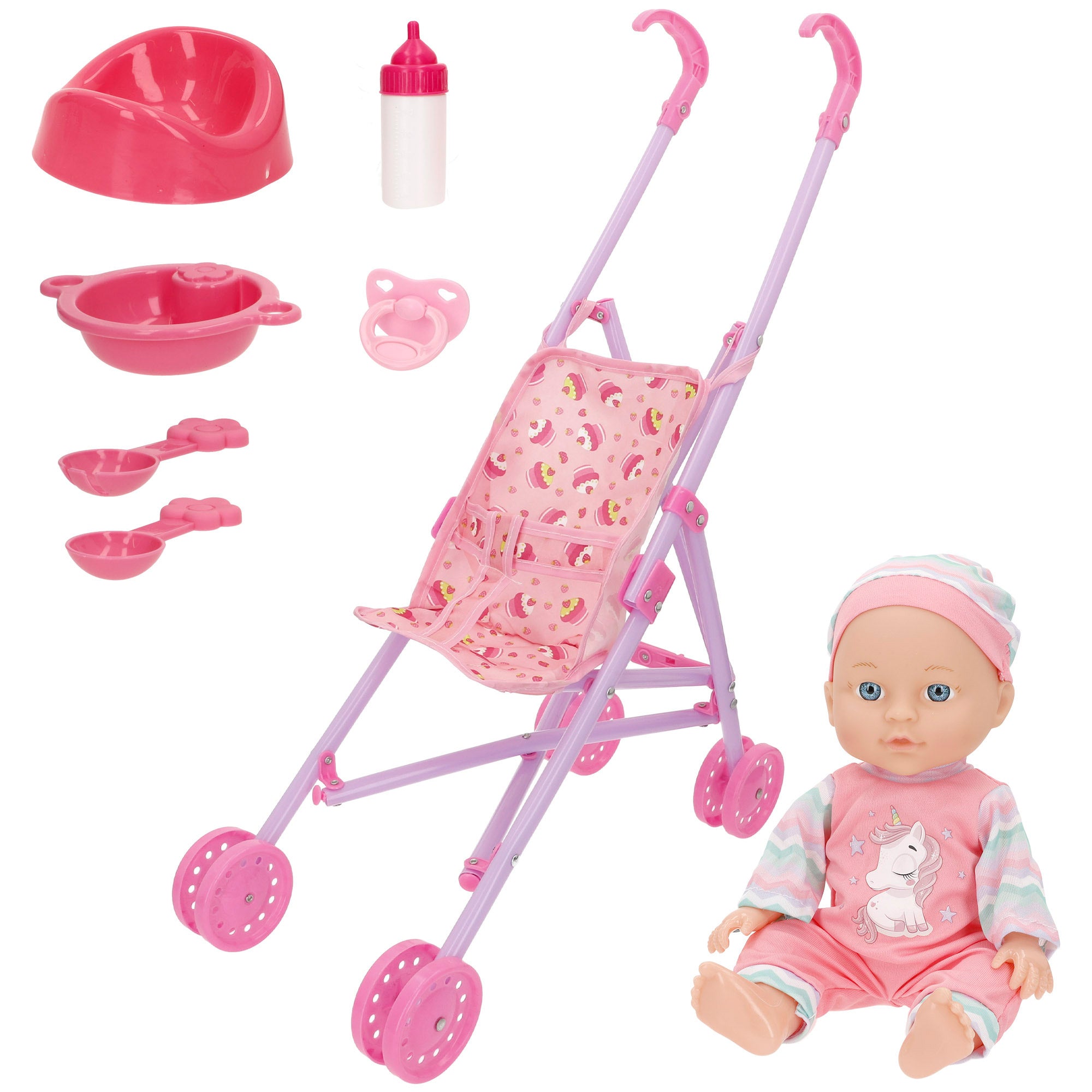 Muñeco bebé que habla con carrito plegable y accesorios Colorbaby's