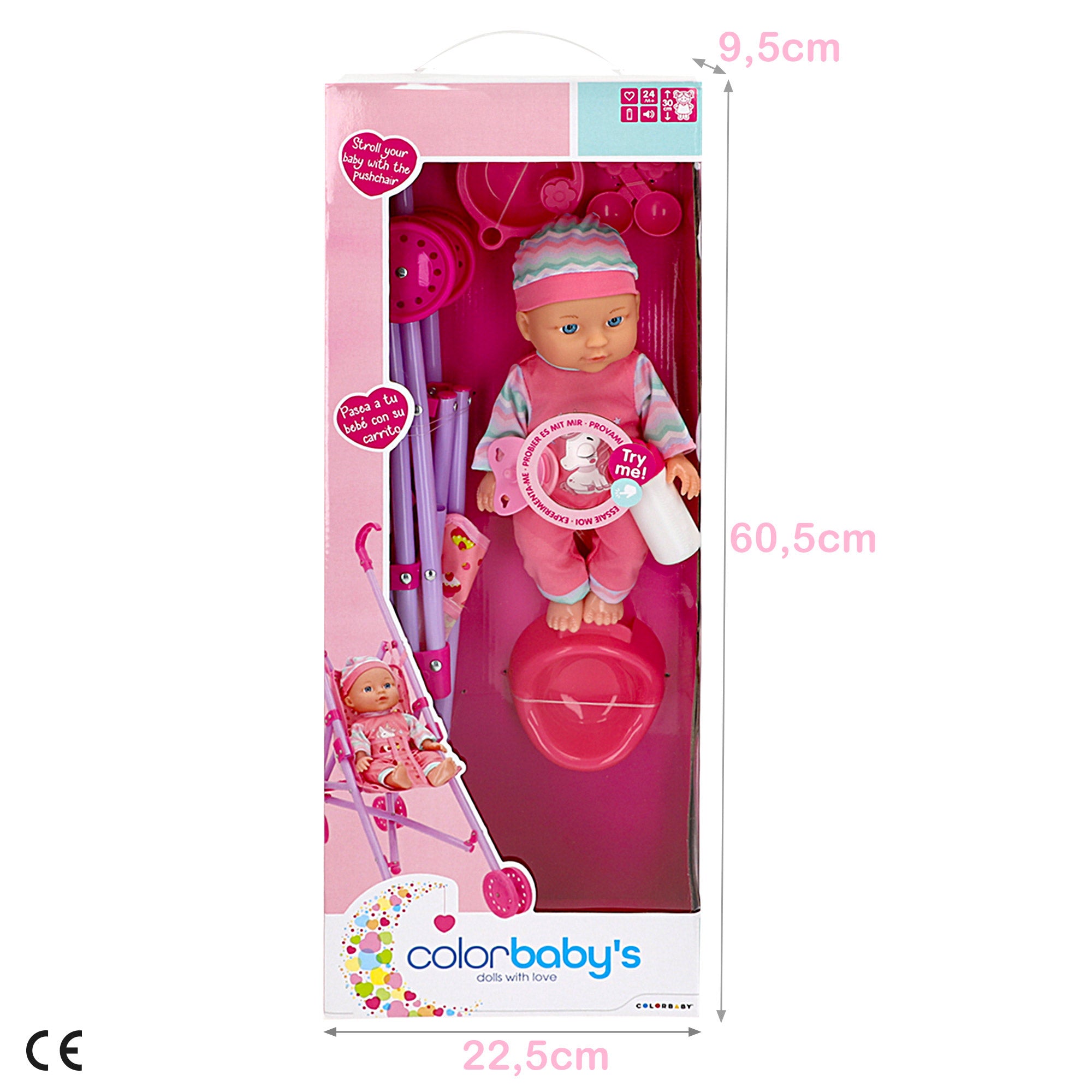 Muñeco bebé que habla con carrito plegable y accesorios Colorbaby's