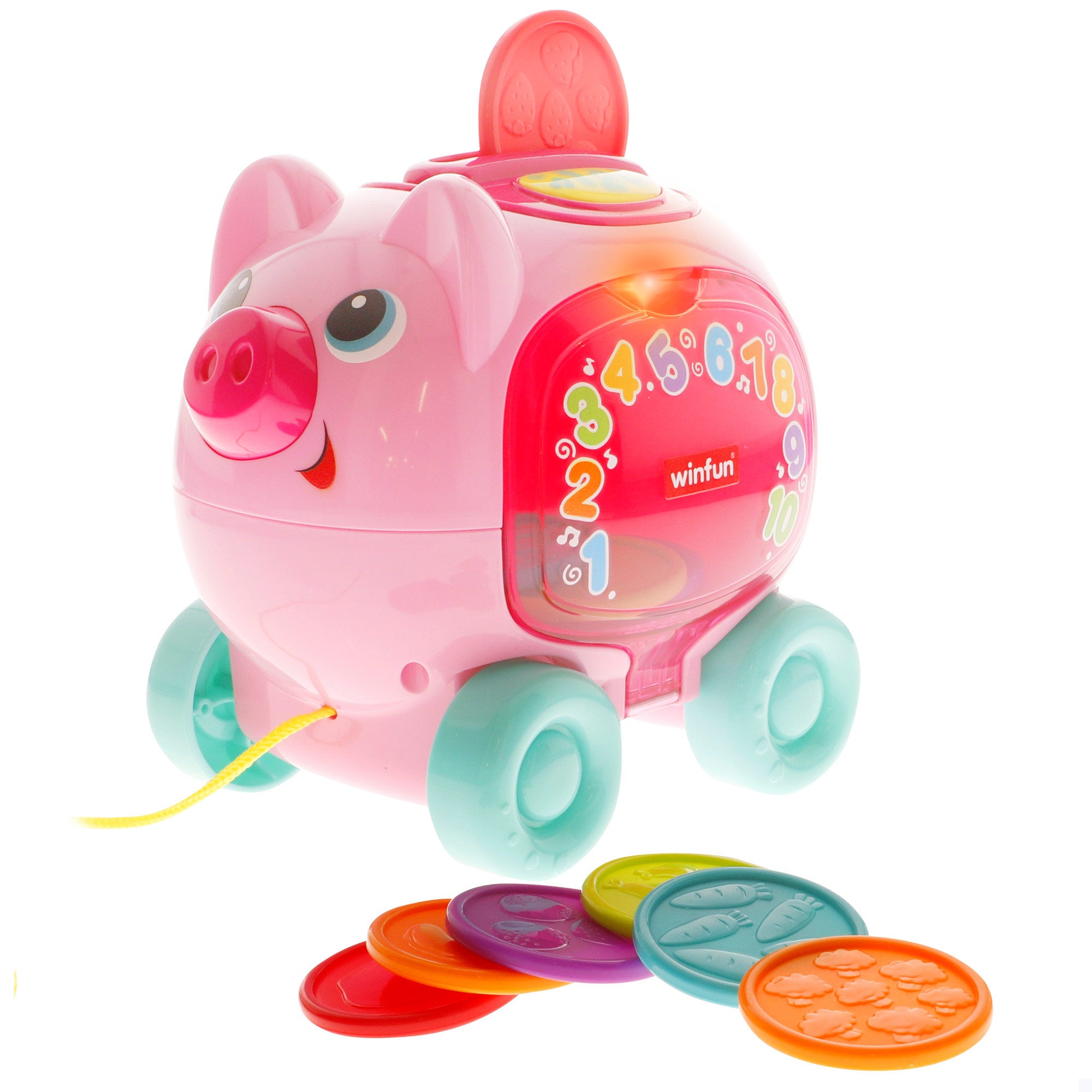 Winfun Hucha cerdito de arrastre con luz, sonidos y frases en español e inglés