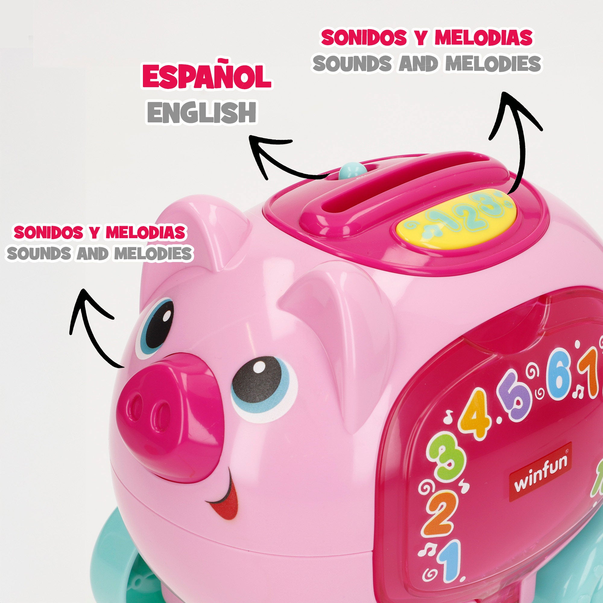 Winfun Hucha cerdito de arrastre con luz, sonidos y frases en español e inglés
