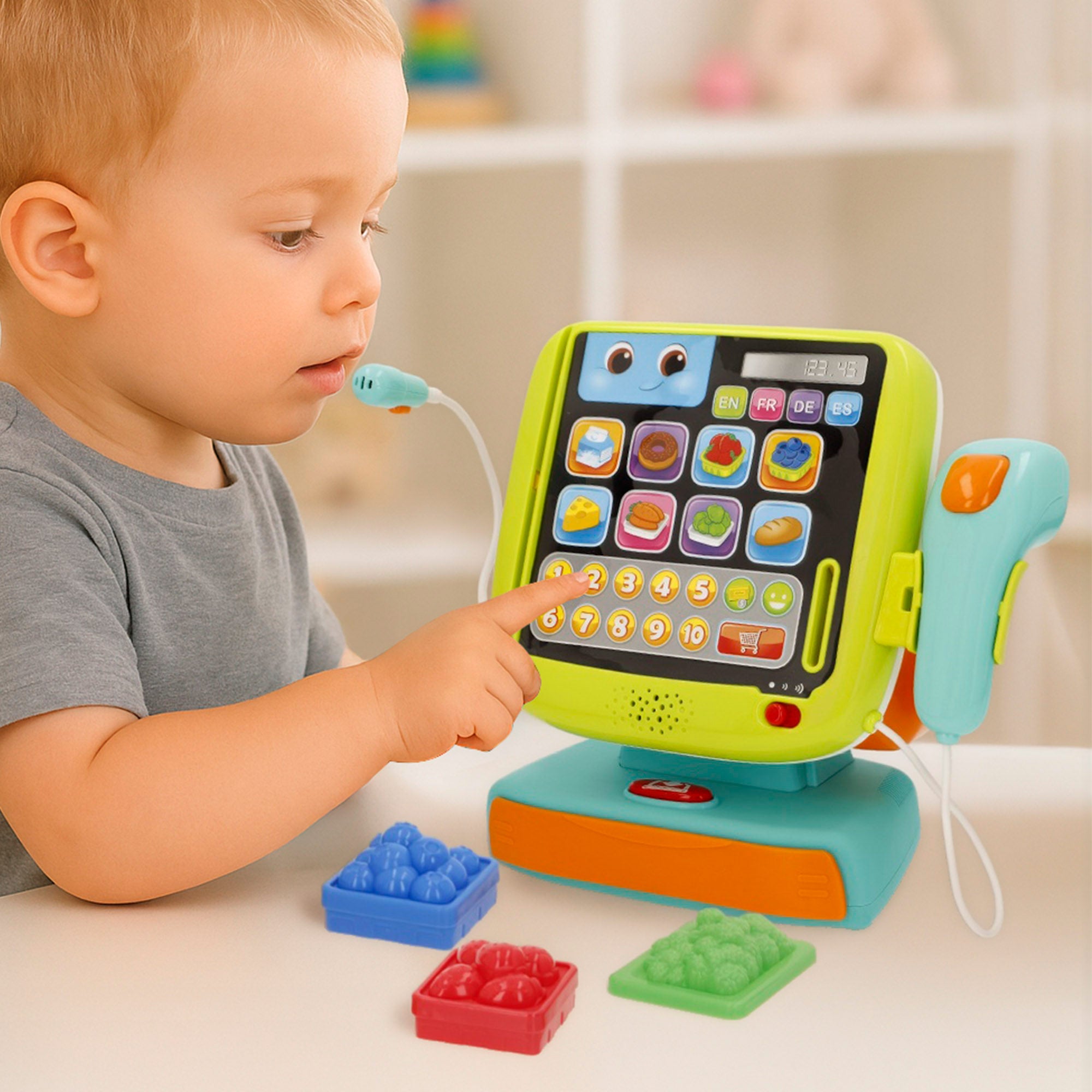 Caixa registadora Winfun com 4 idiomas, luzes e sons.