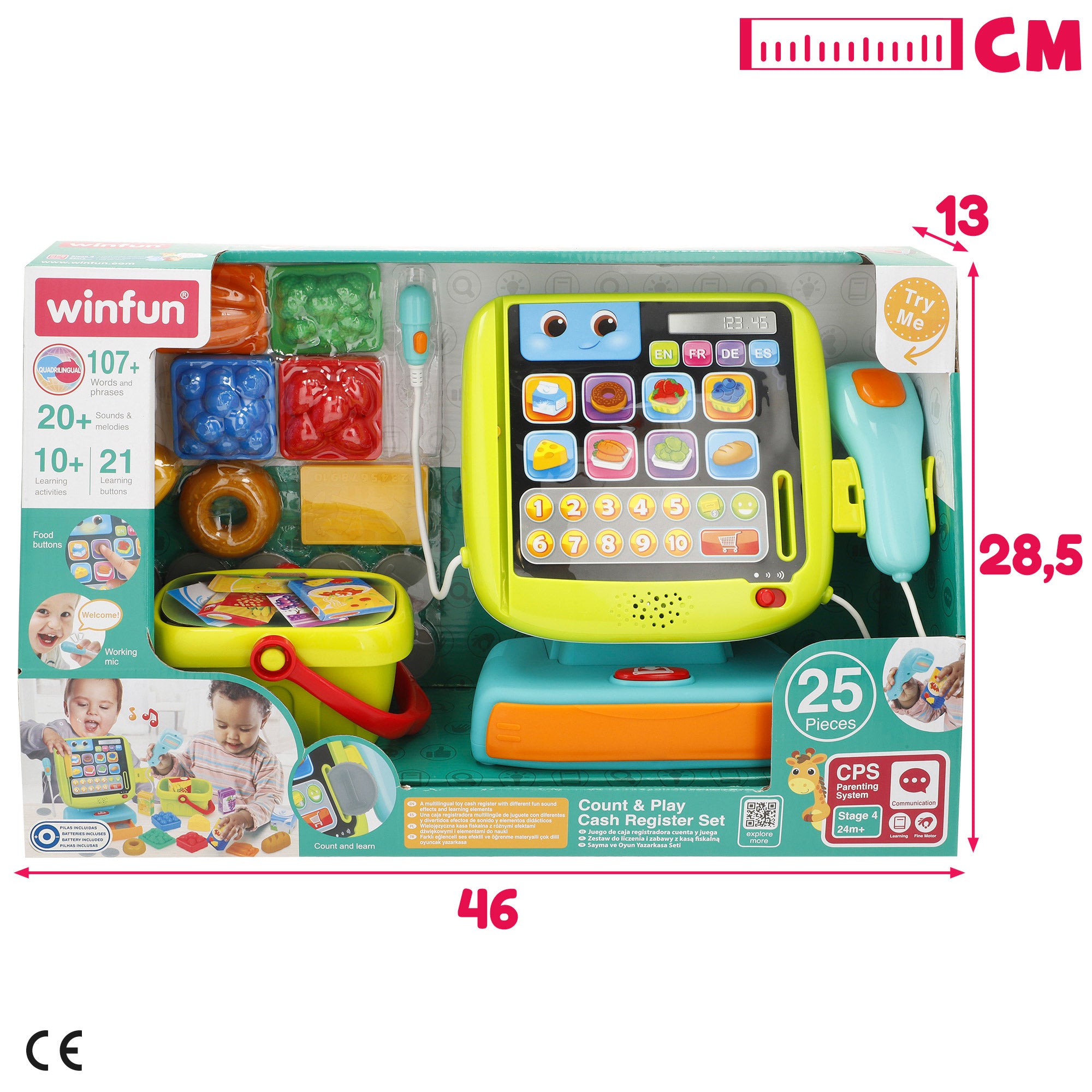 Caixa registadora Winfun com 4 idiomas, luzes e sons.