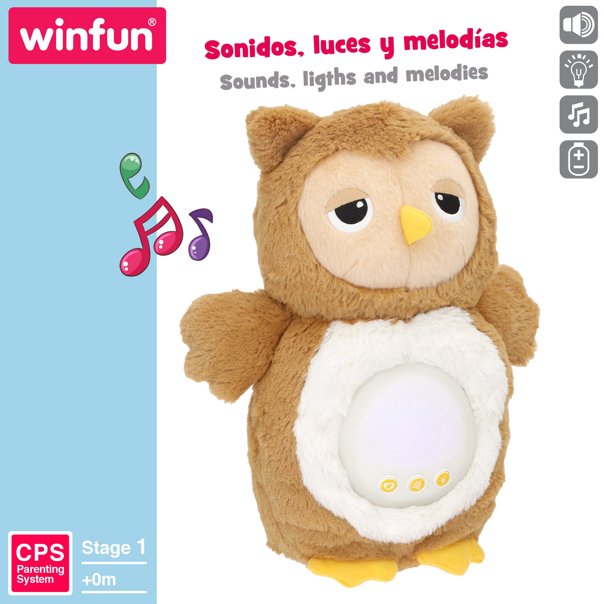 Winfun Búho peluche con luces y sonidos relajantes