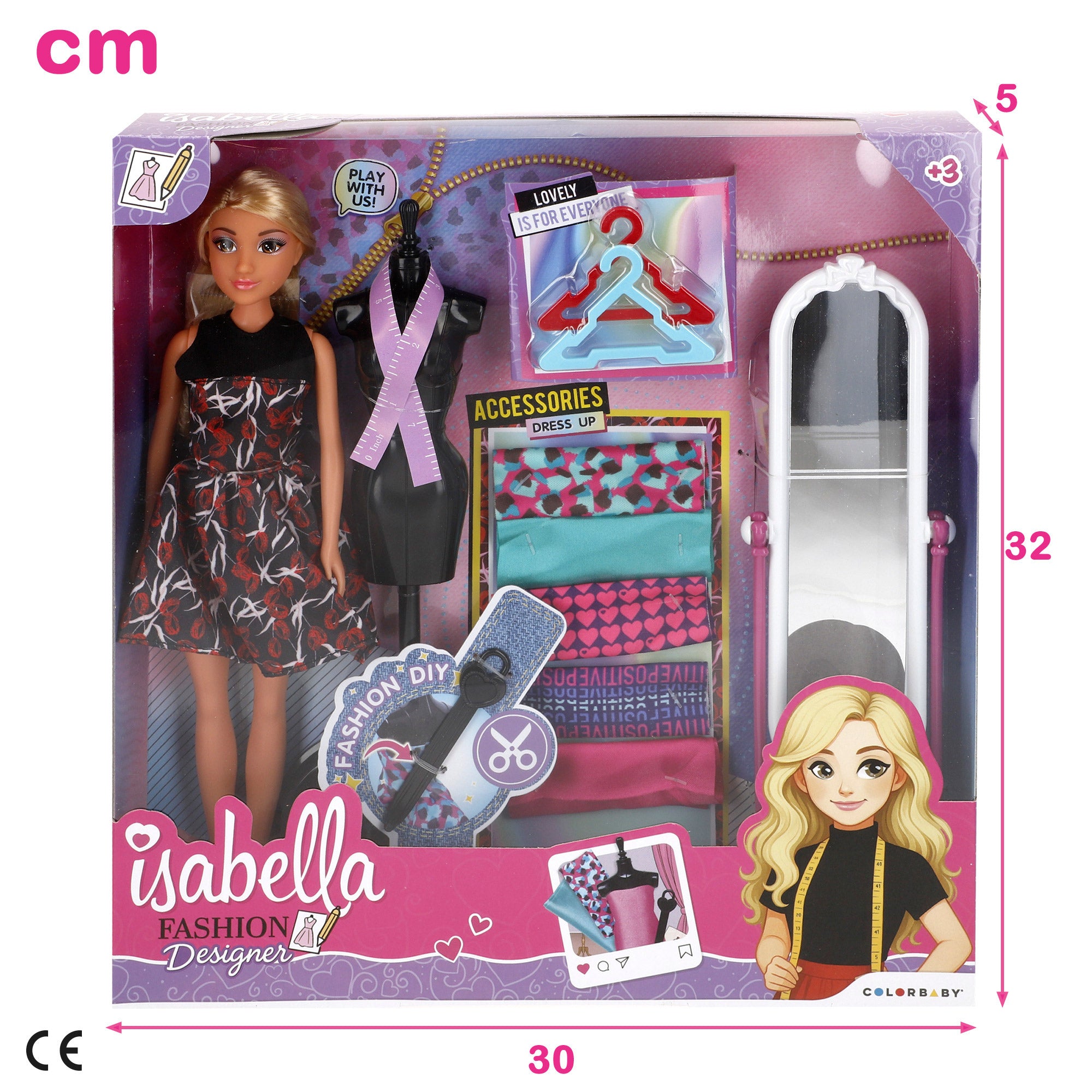 Boneca Isabella de 30 cm, estilista, com acessórios.