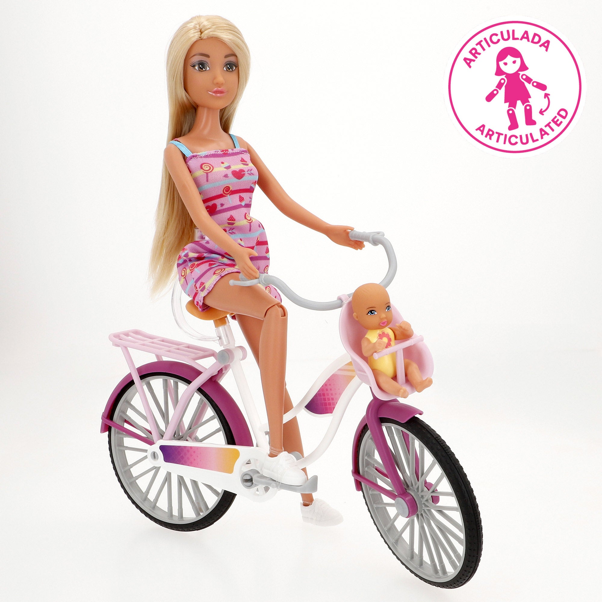 Boneca de 30 cm com bicicleta e bebé Isabella