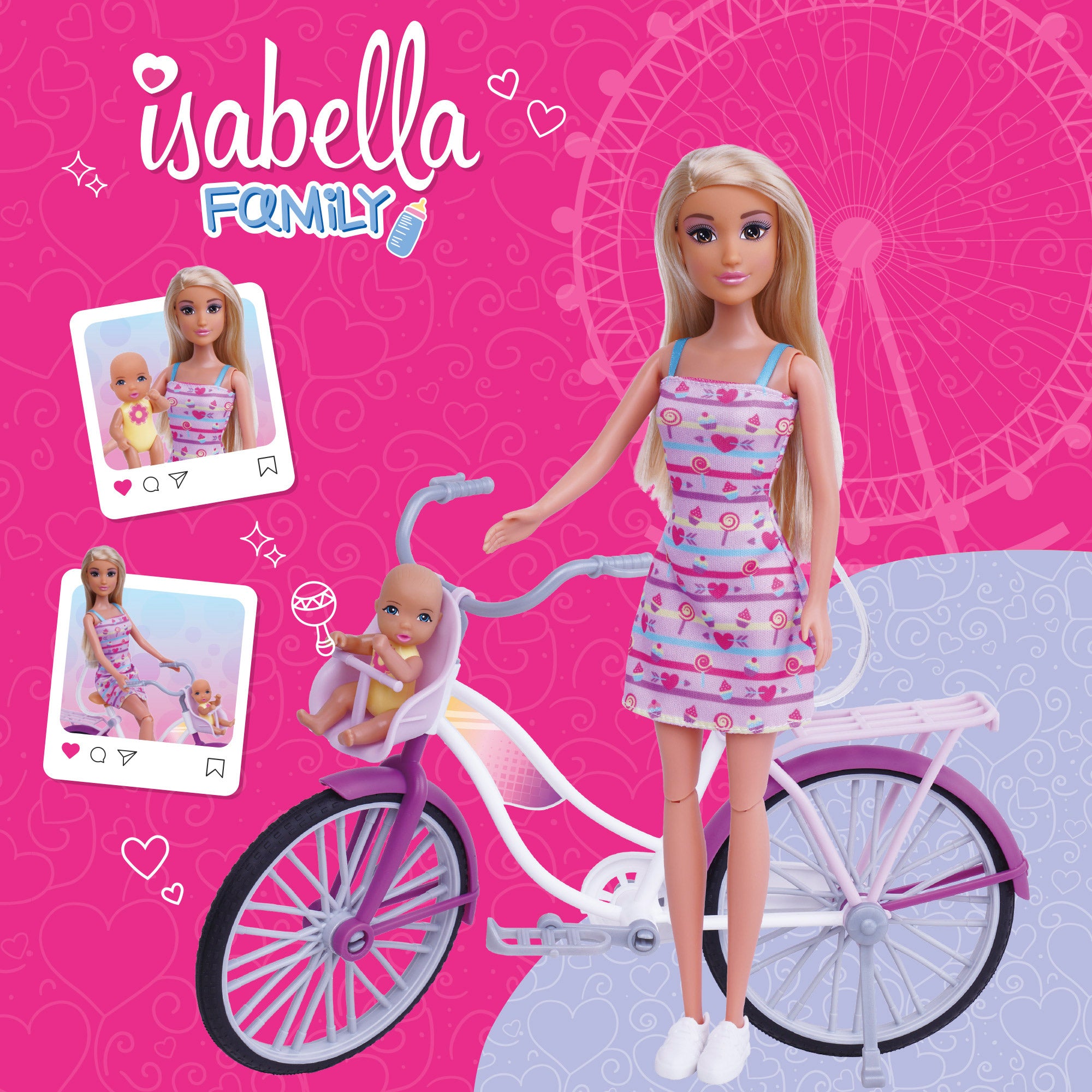 Boneca de 30 cm com bicicleta e bebé Isabella