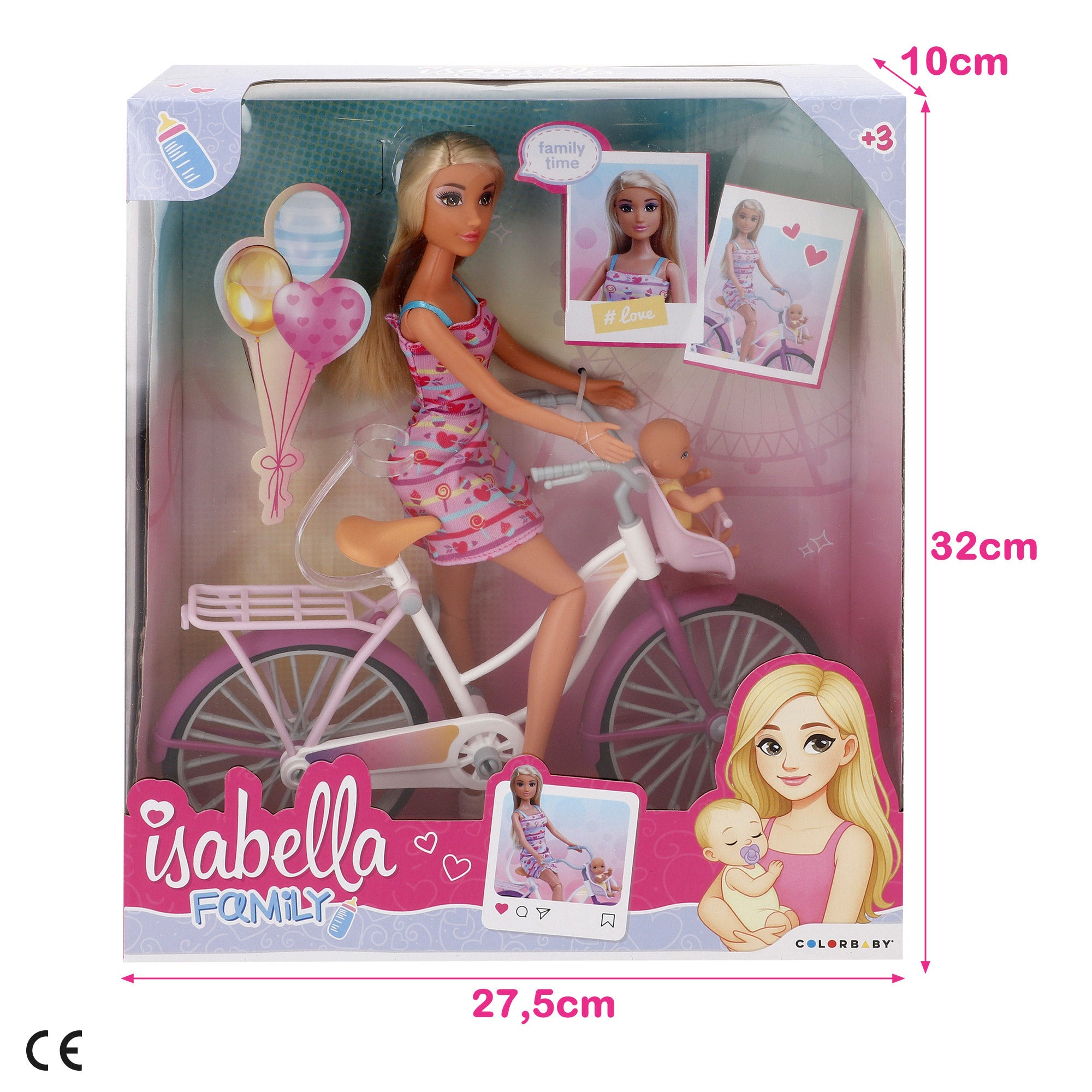 Boneca de 30 cm com bicicleta e bebé Isabella