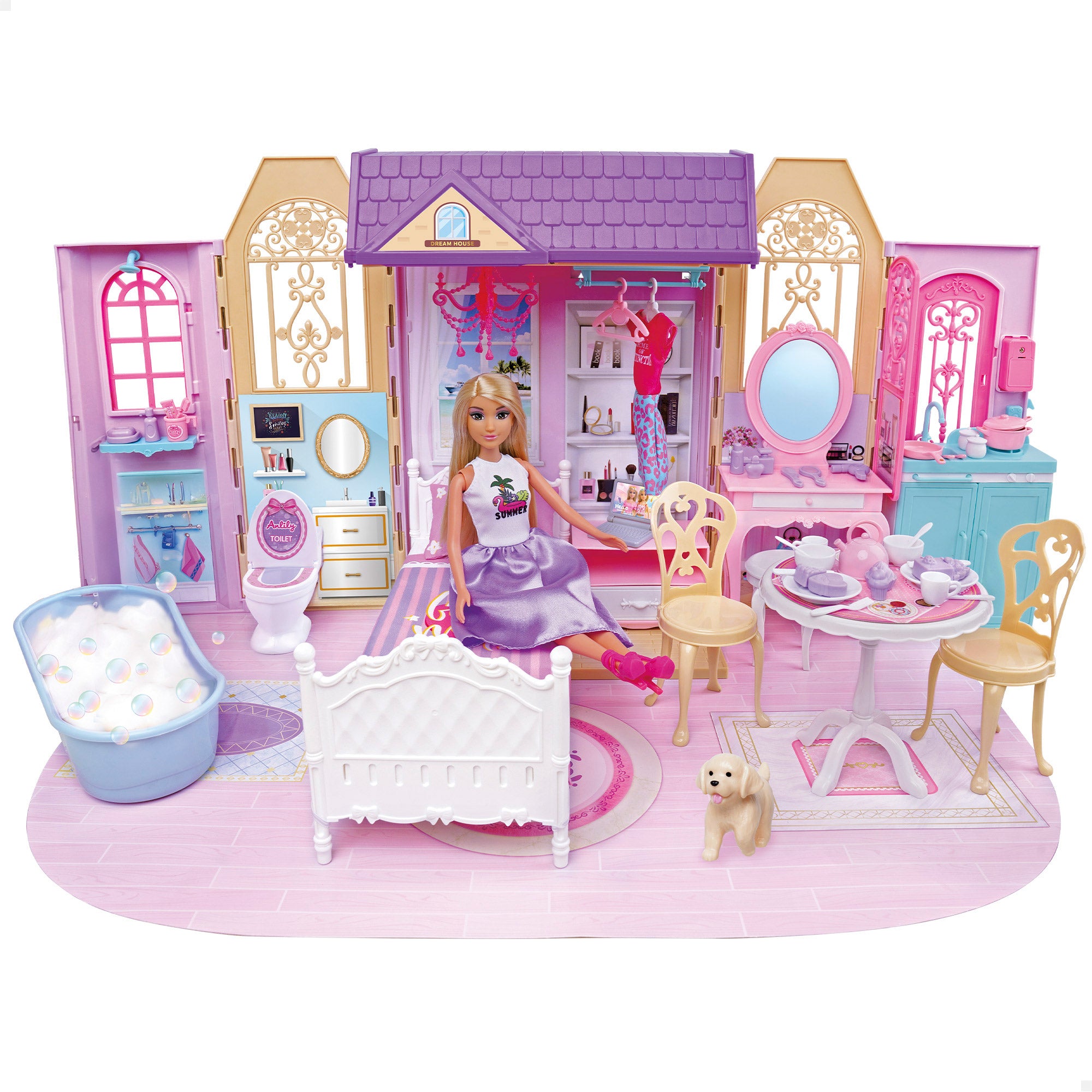 Casita de muñecas con muñeca 30 cm y más de 60 accesorios Isabella