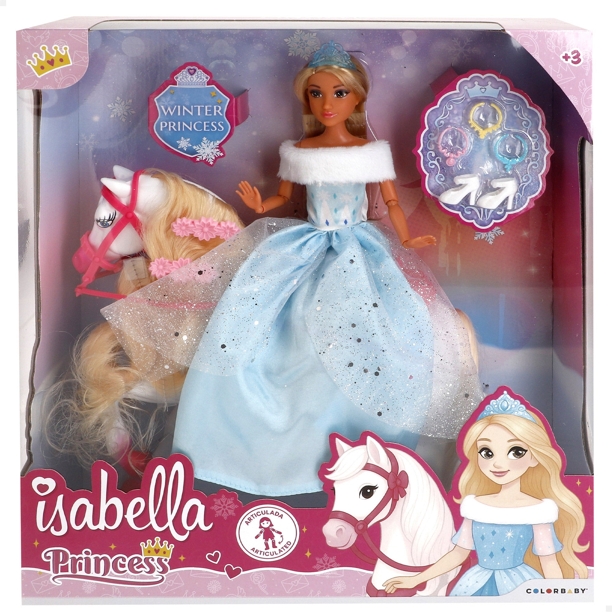 Muñeca princesa 30 cm con caballo blanco y accesorios Isabella