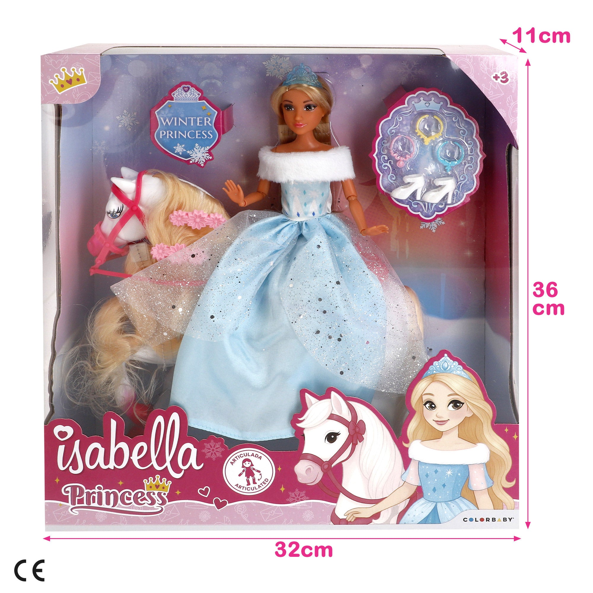 Boneca Isabella Princesa de 30 cm com Cavalo Branco e Acessórios