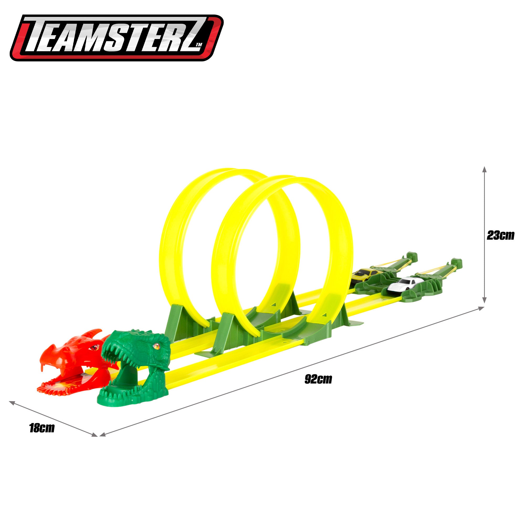Pista de coches dinosaurio con doble lanzador y dos coches Teamsterz