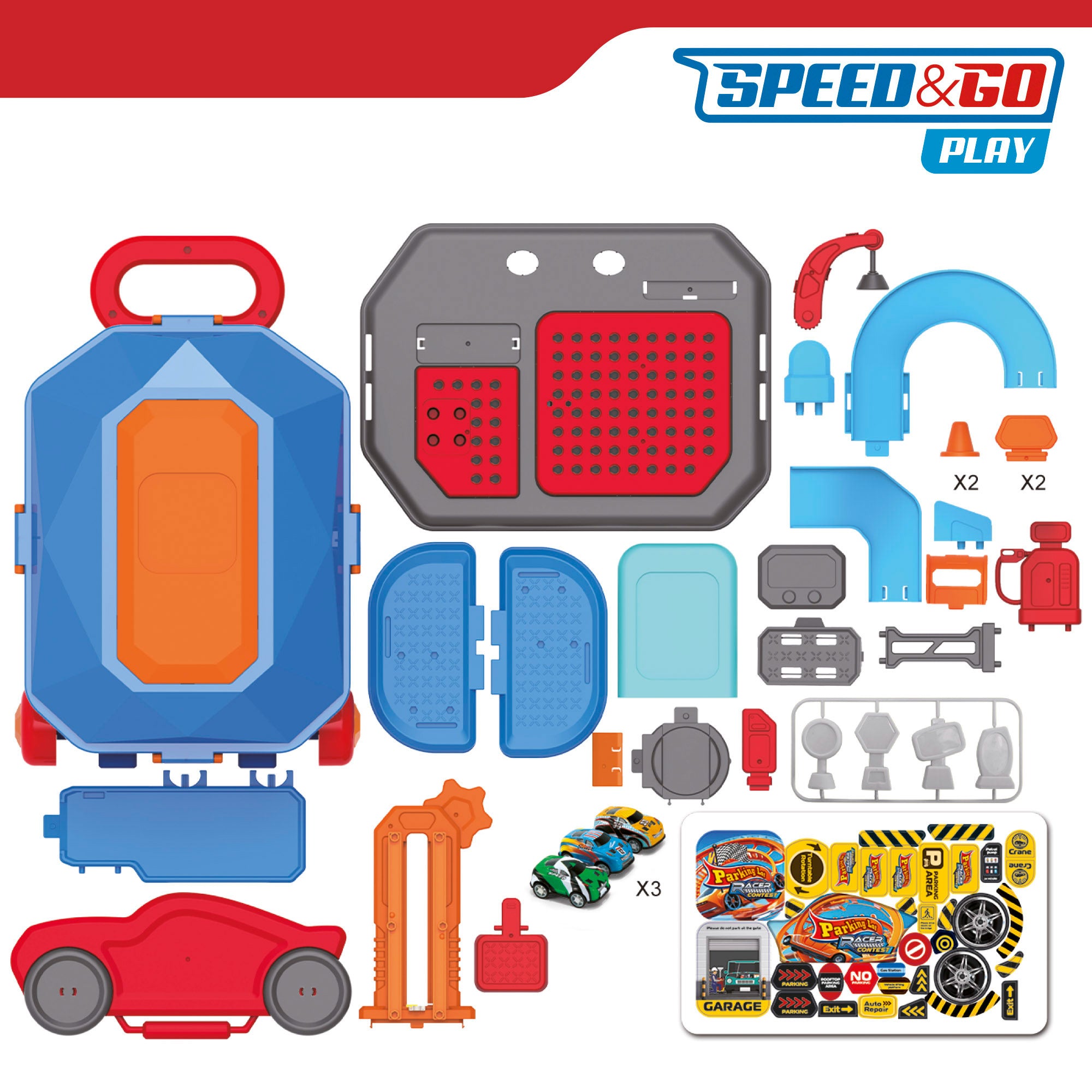 Aparcamiento en la ciudad 2 en 1 con 3 coches metálicos y maletín portátil (47x24x66 cm) Speed & Go