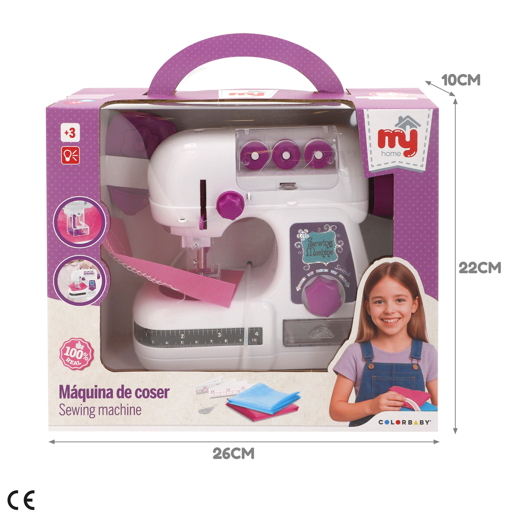 Máquina de costura infantil My Home com luz e acessórios.