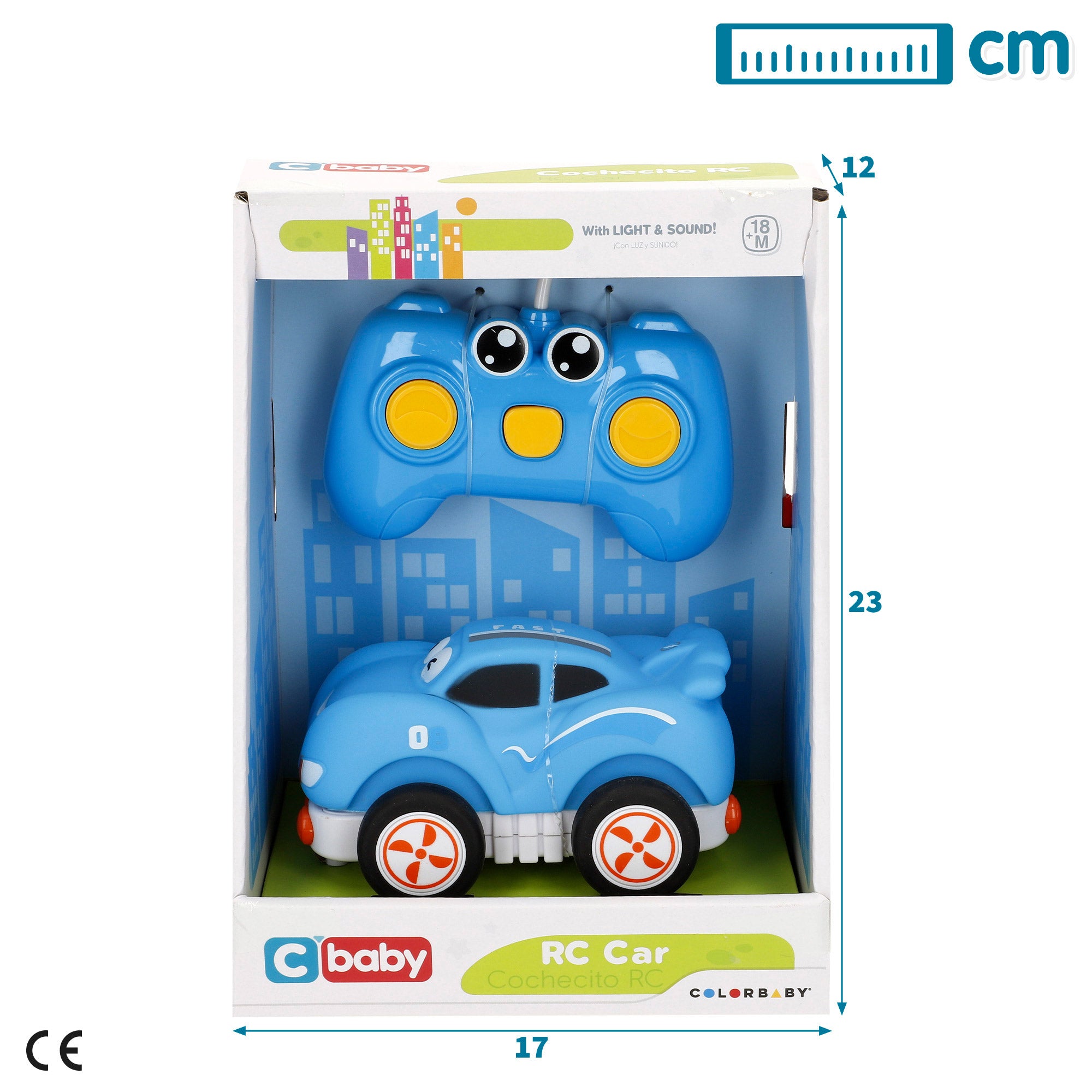 Carrinho de brinquedo para bebé com comando e luz, azul bebé, da marca C'Baby.