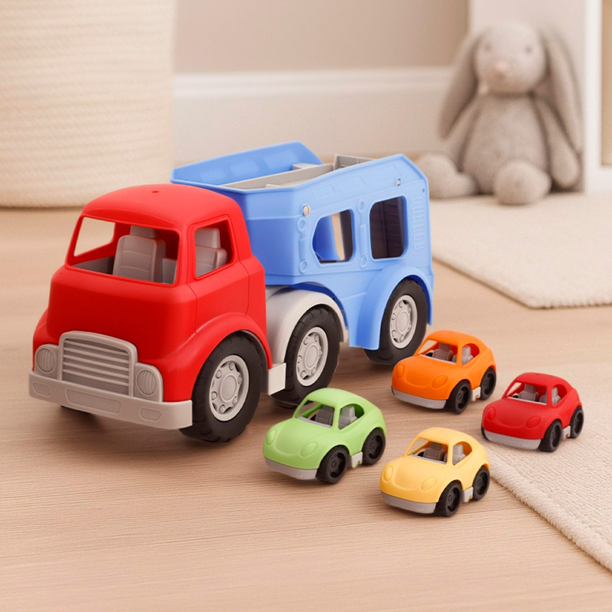 Camião transportador de brinquedos para crianças PLAY com rampa e 4 carrinhos