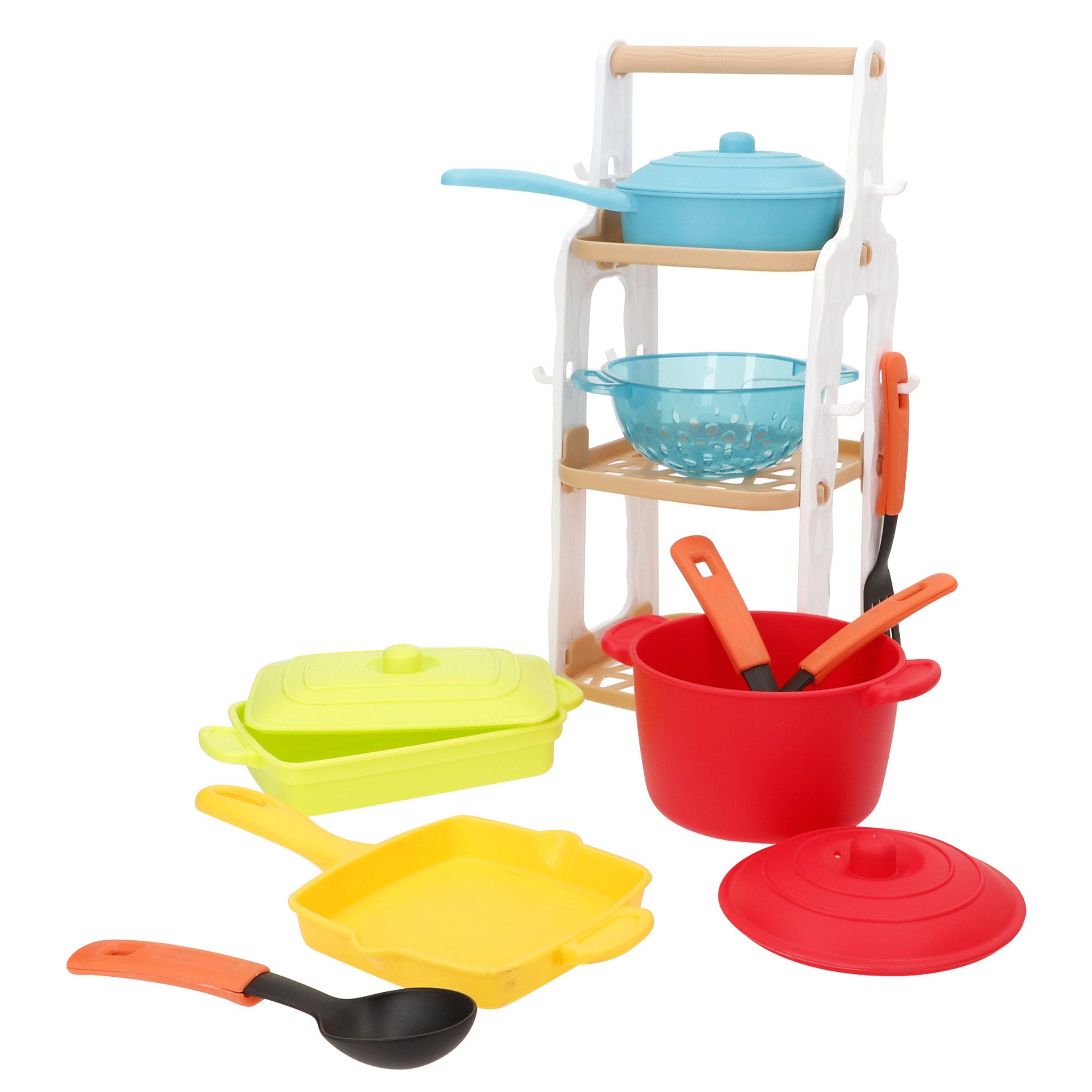 PLAY Set de cocina infantil 13 piezas con ollas, sartén, colador y utensilios