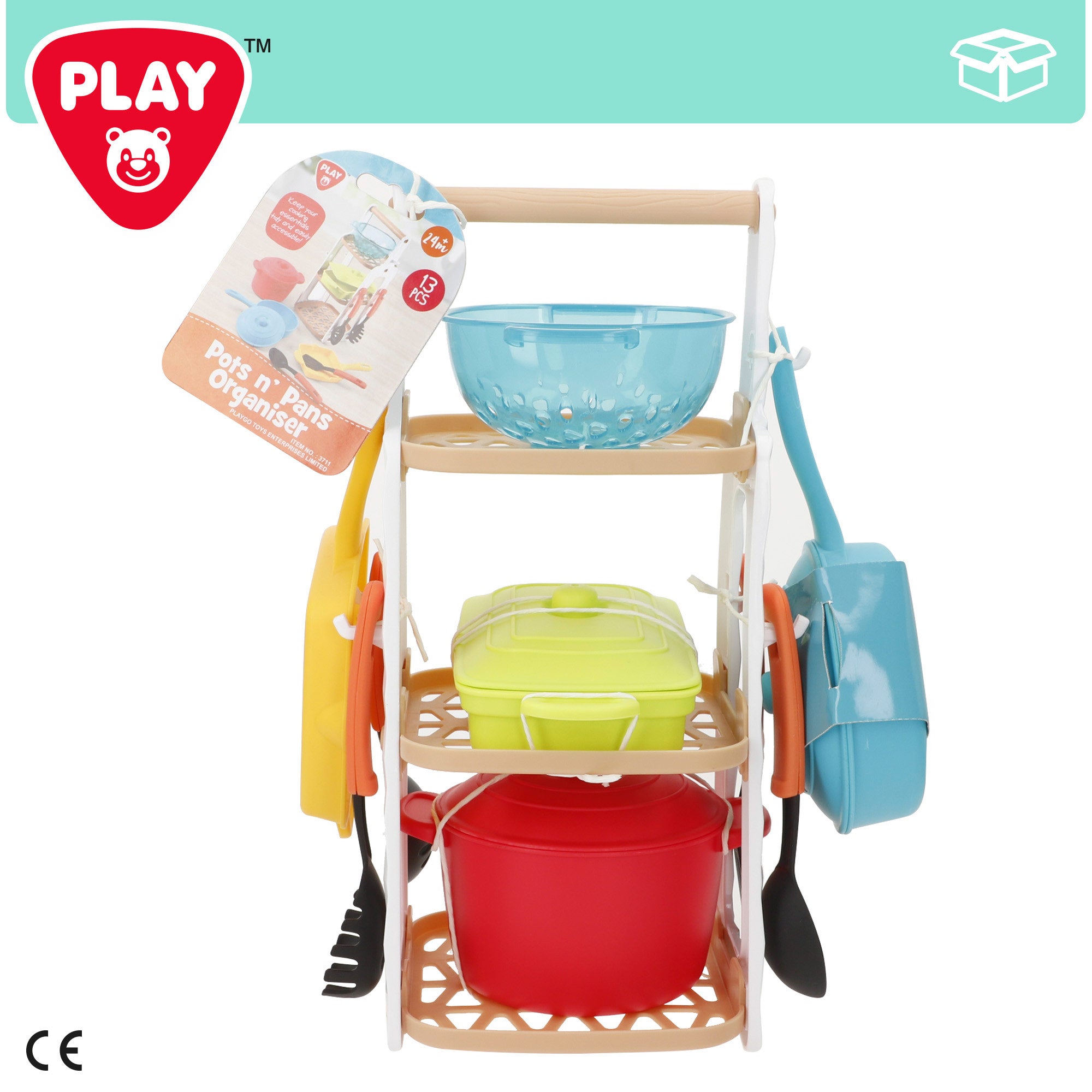 PLAY Set de cocina infantil 13 piezas con ollas, sartén, colador y utensilios