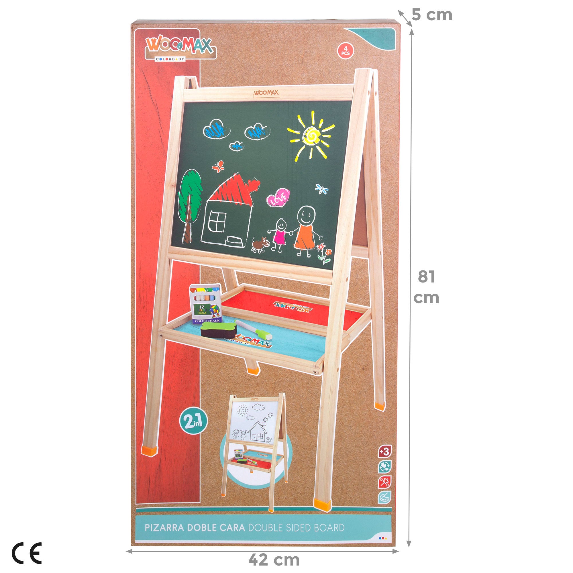 WOOMAX Pizarra de madera 2 en 1 + 3 años