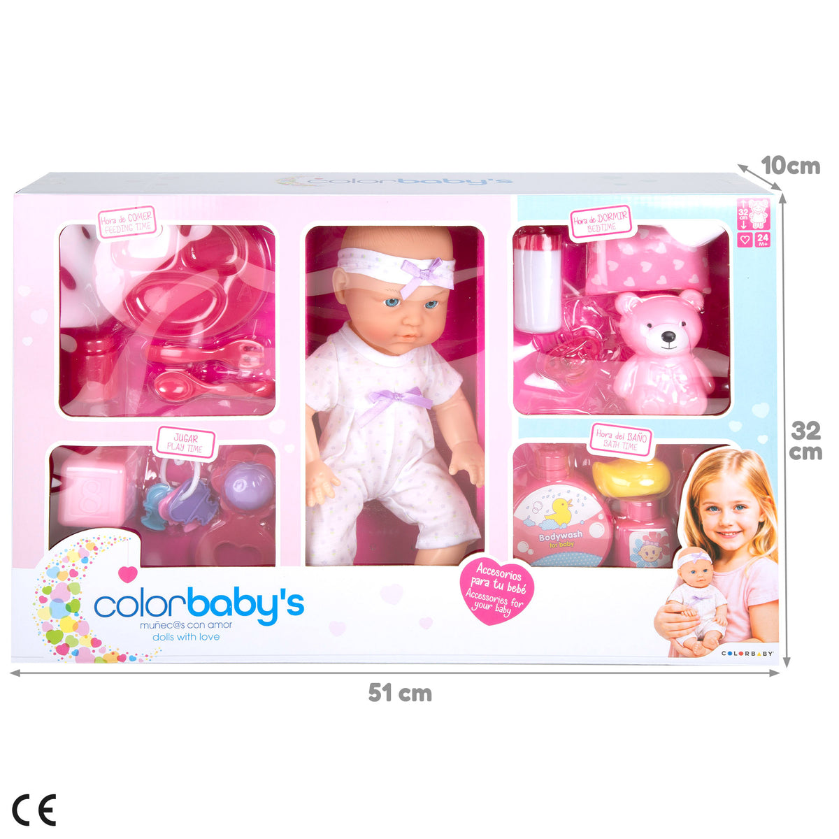 Boneca bebé 32 cm com acessórios + 24 meses Colorbaby's