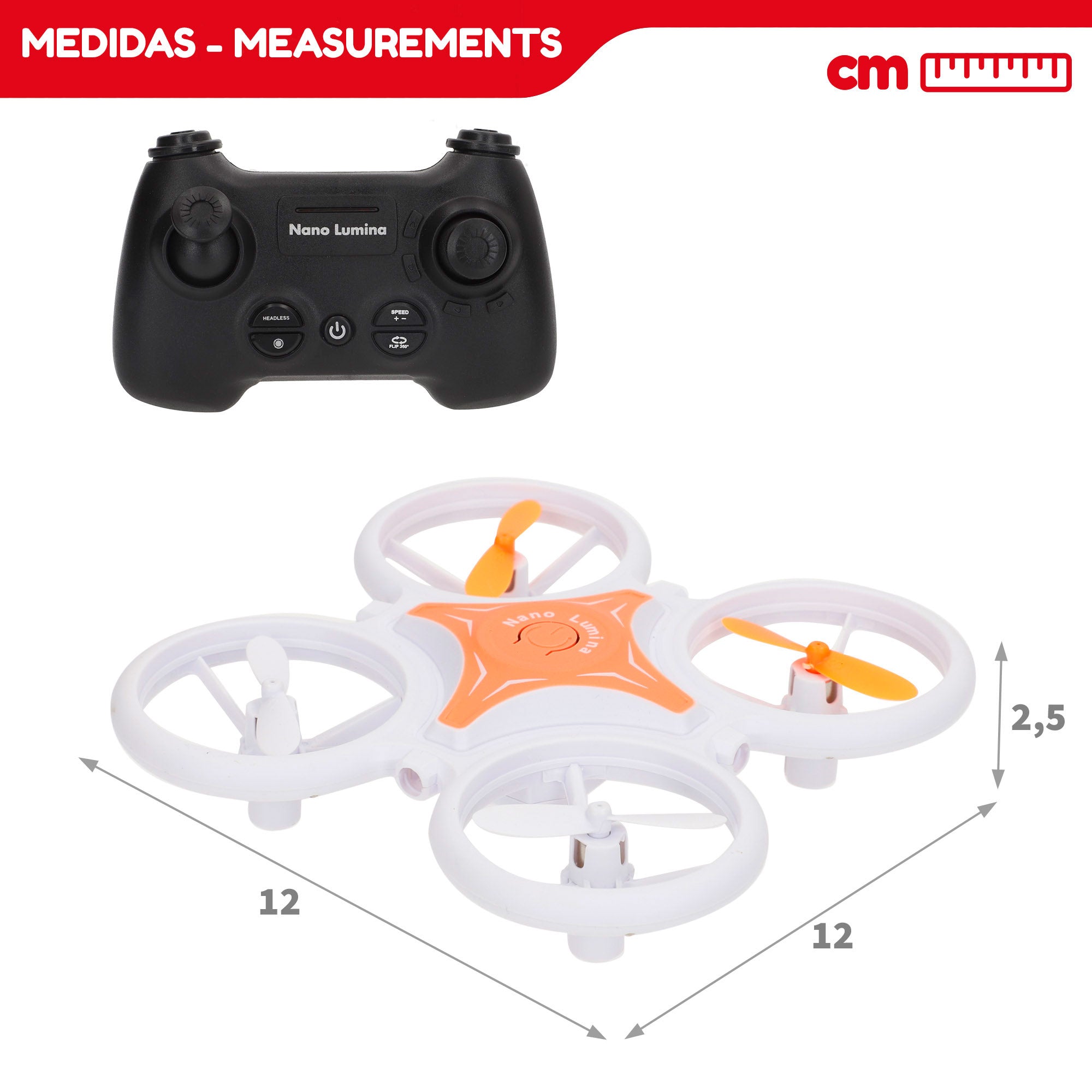 Drone de brinquedo com controlo remoto de 360°, luzes LED, 12x12 cm, velocidade e função de descolagem.