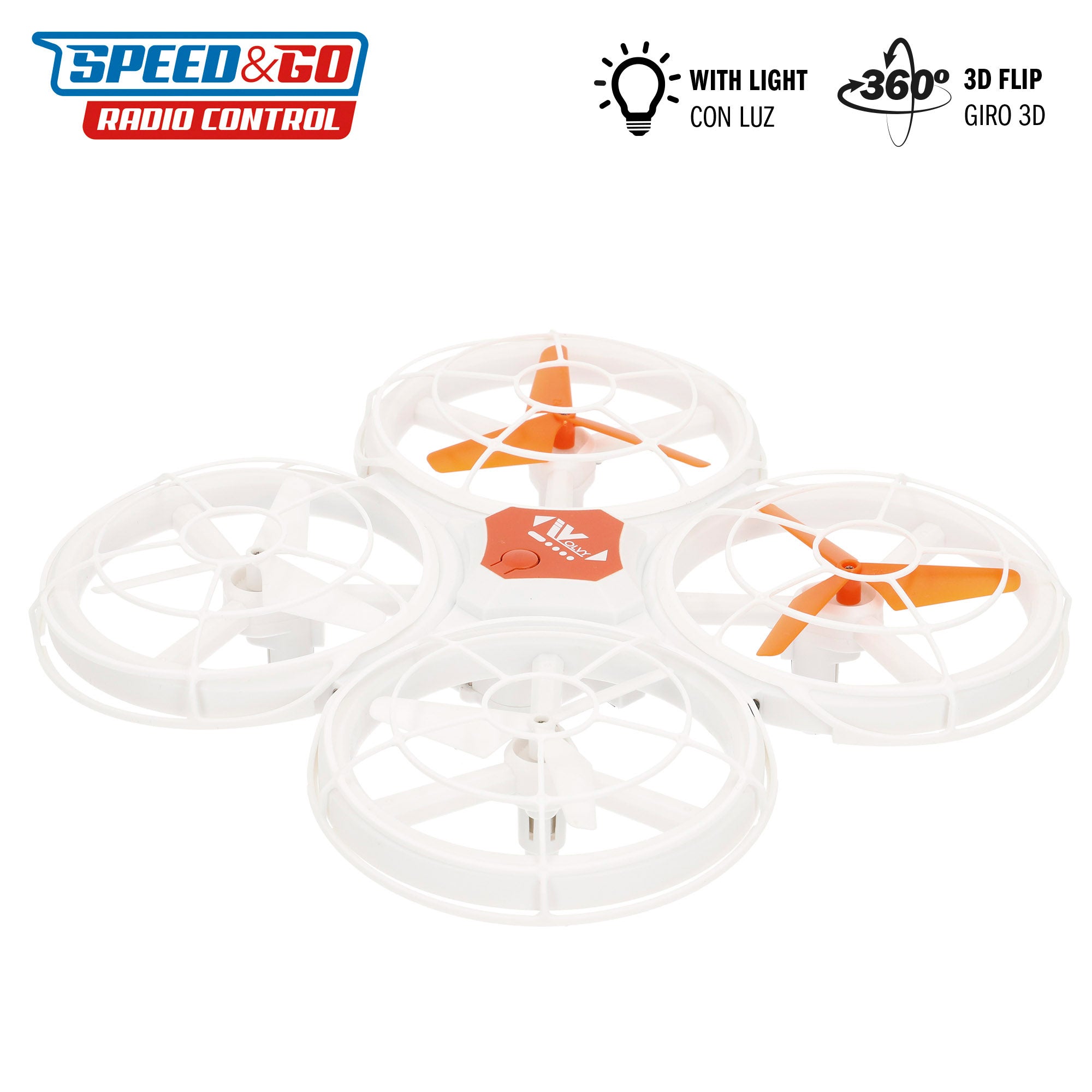 Drone de brinquedo com controlo remoto de 360°, luzes LED, 17x17 cm, velocidade e função de descolagem.