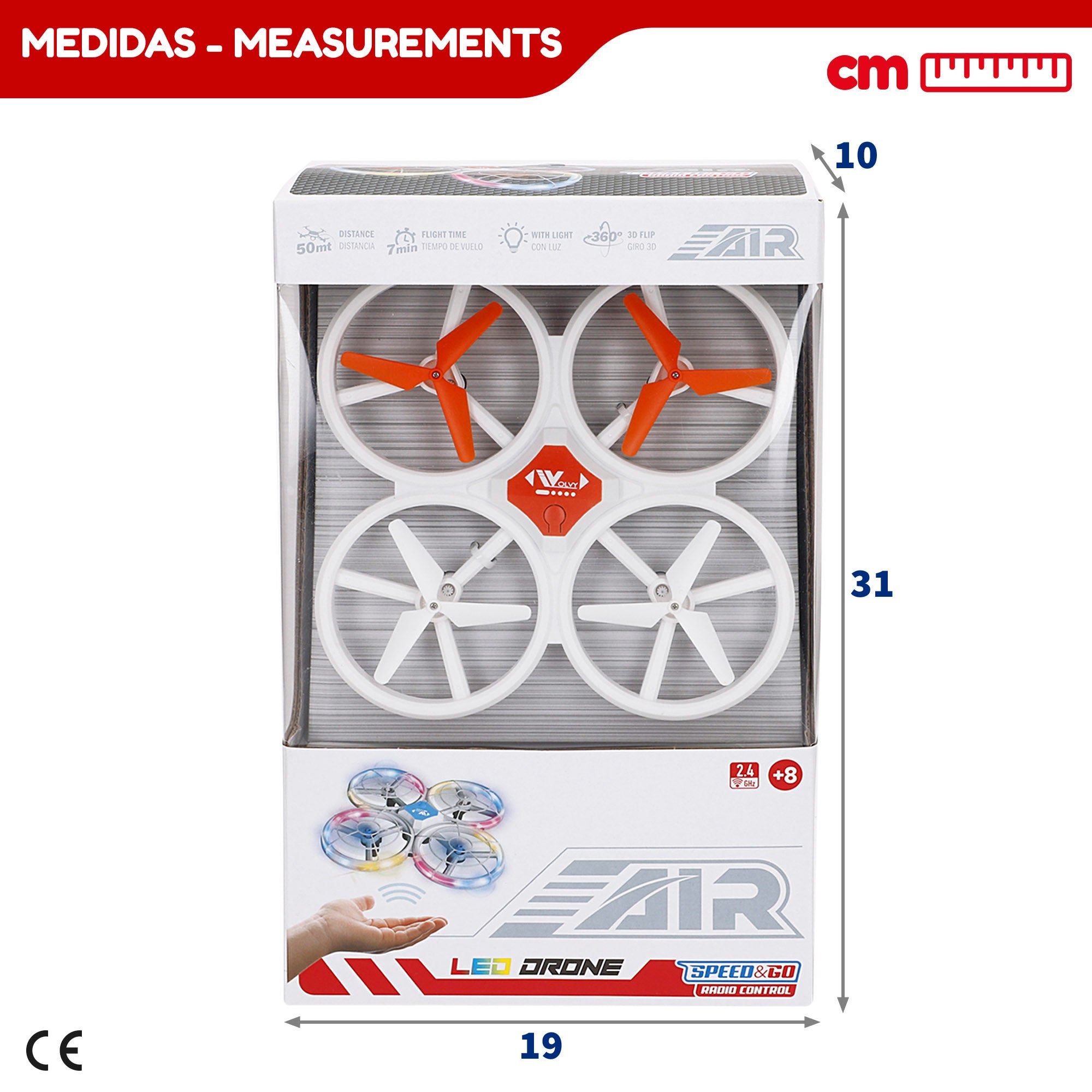 Drone de brinquedo com controlo remoto de 360°, luzes LED, 17x17 cm, velocidade e função de descolagem.
