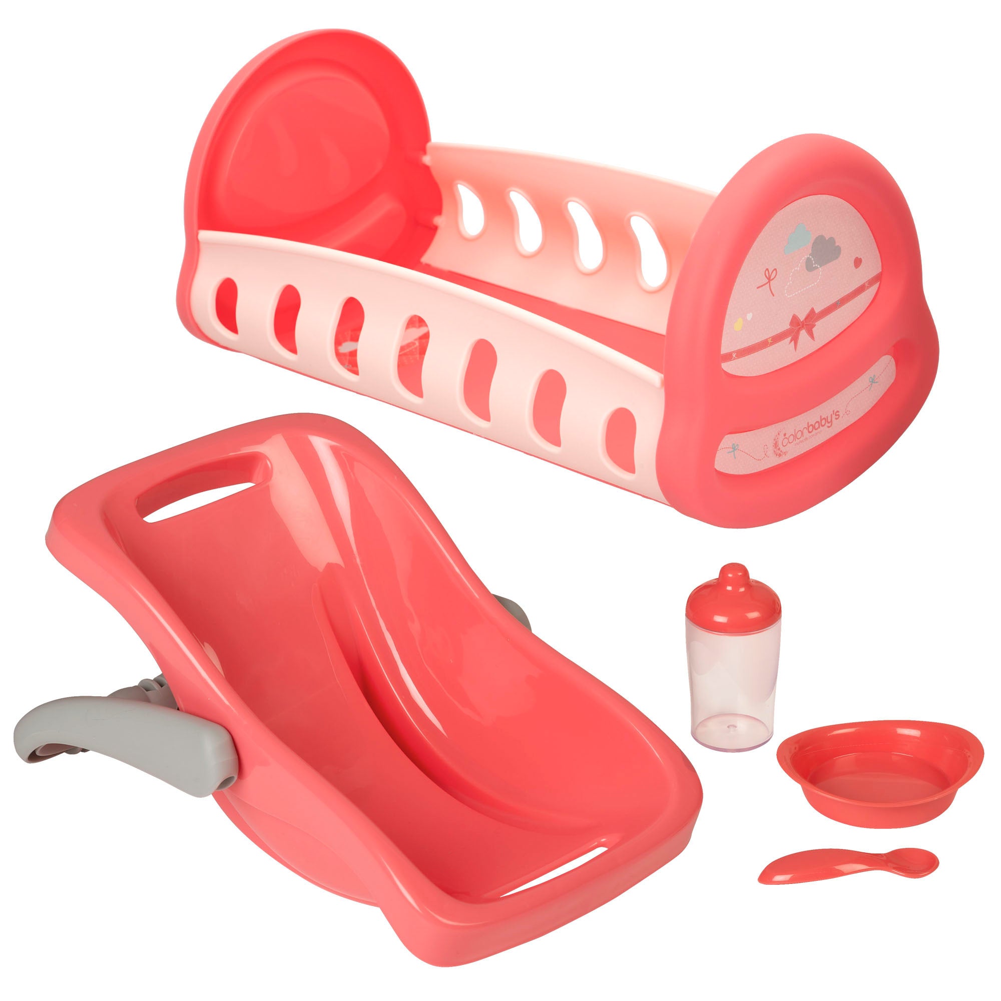 Cuna y portabebés para muñecas con accesorios Colorbaby's