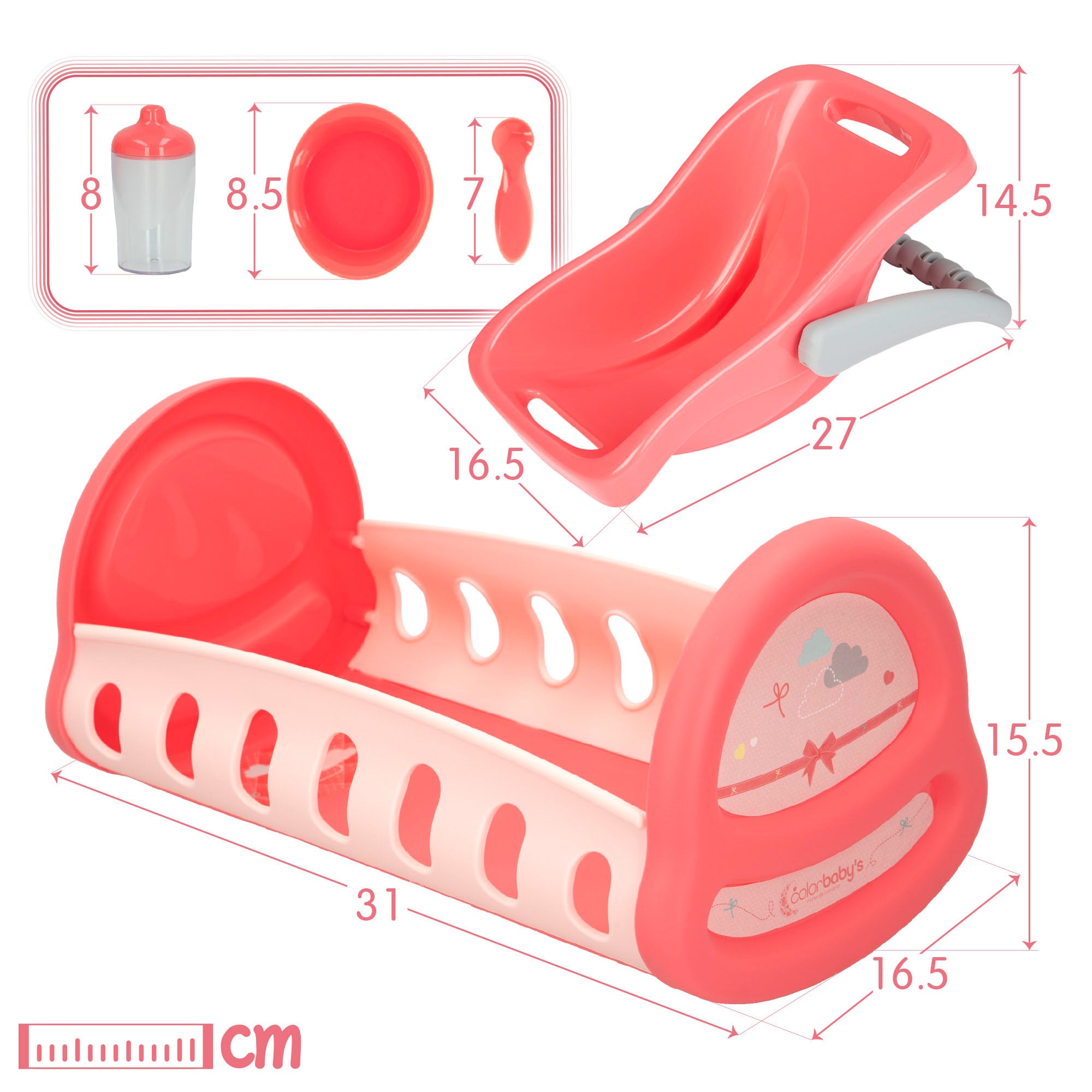 Cuna y portabebés para muñecas con accesorios Colorbaby's