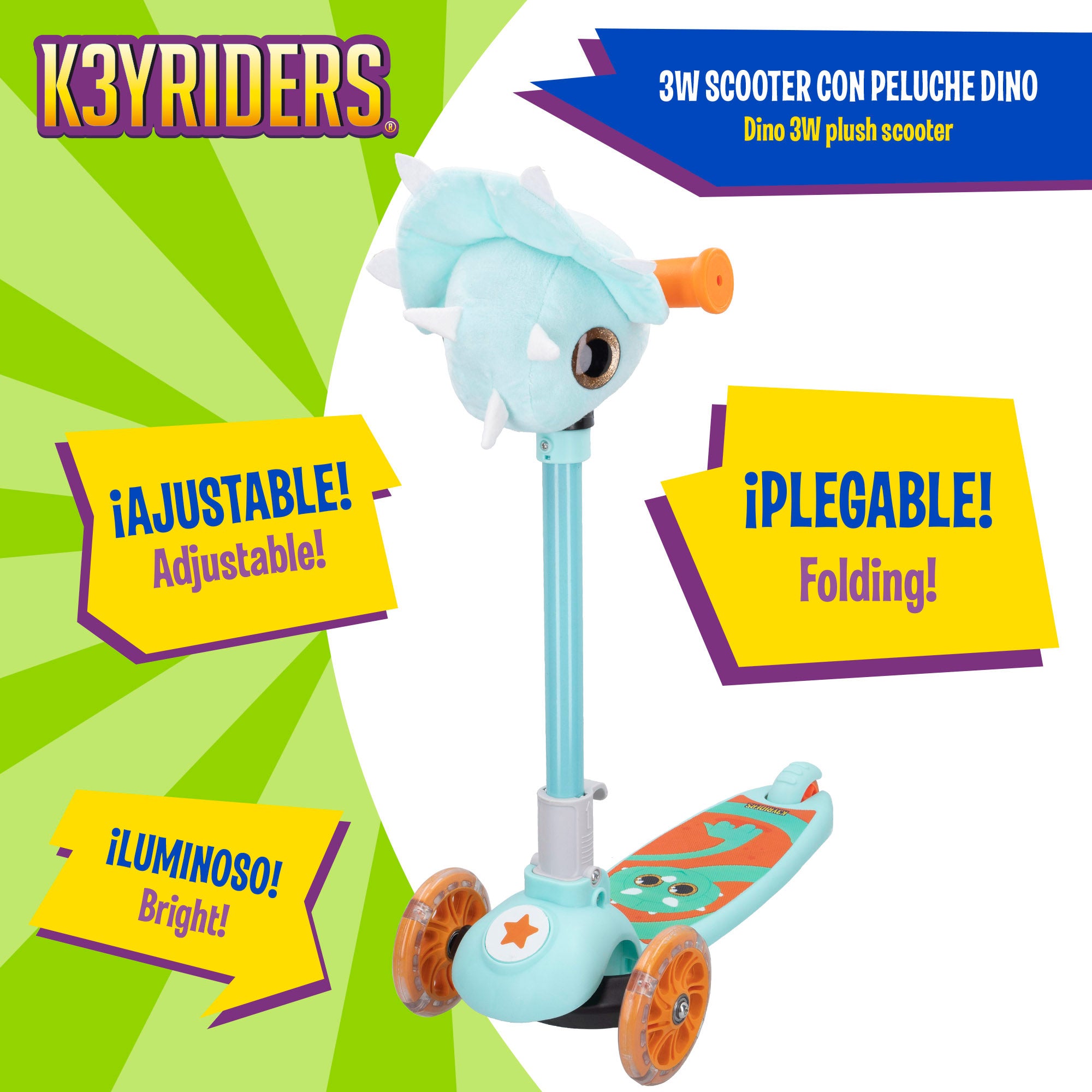 Trotinete dobrável de dinossauro K3YRIDERS com 3 rodas, luzes e peluche.