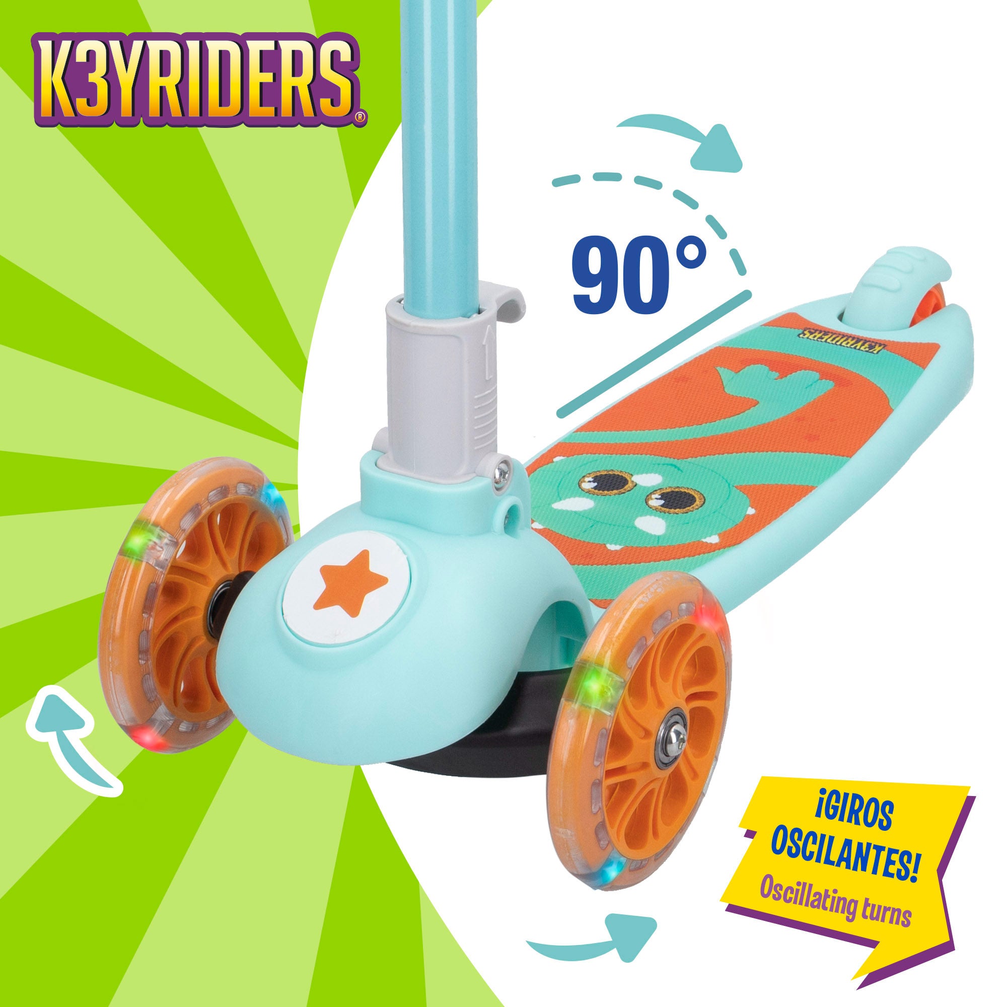 Trotinete dobrável de dinossauro K3YRIDERS com 3 rodas, luzes e peluche.
