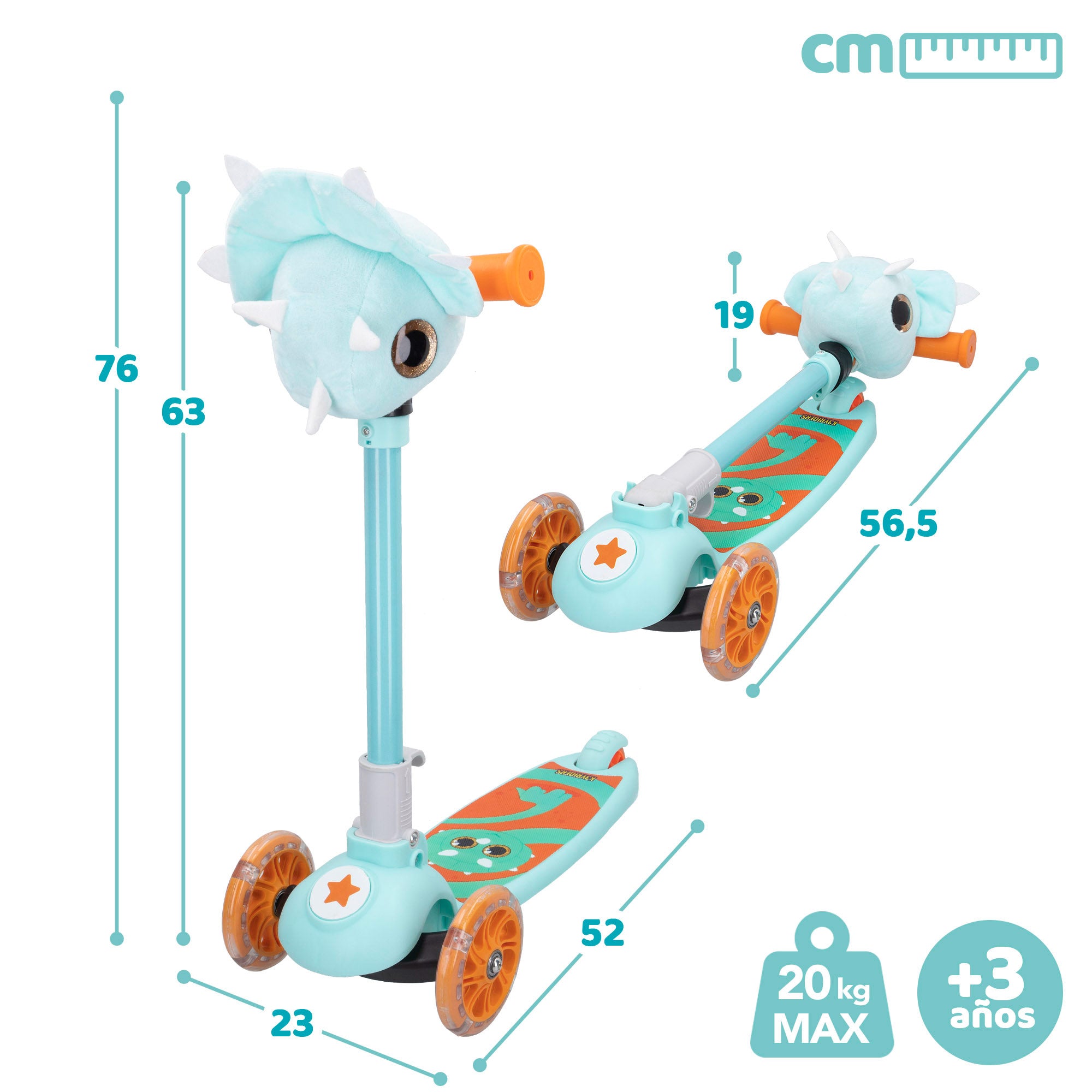 Trotinete dobrável de dinossauro K3YRIDERS com 3 rodas, luzes e peluche.